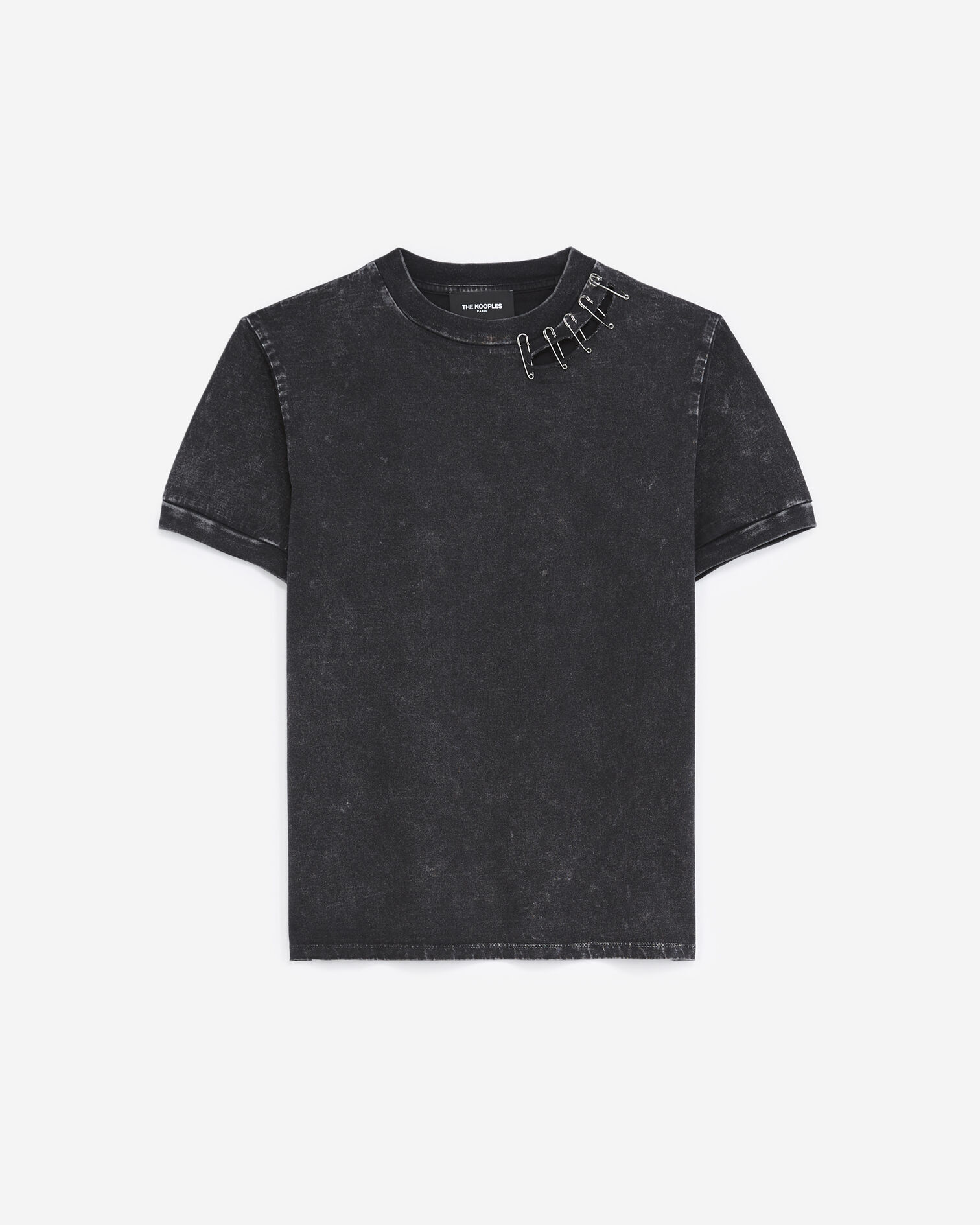 T-shirt noir délavé coton détail épingle, BLACK WASHED, hi-res image number null