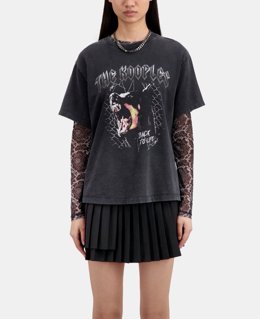The Kooples F BLACK WASHED women's black t-shirt with barking dog serigraphy