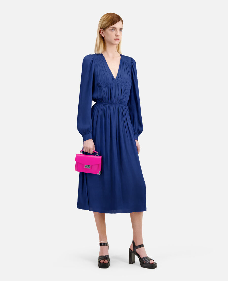 long blue dress with pleating
