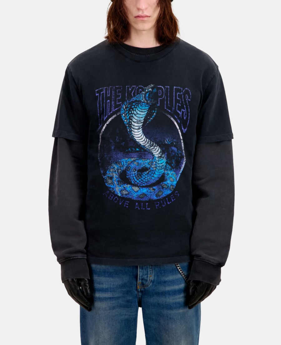 The Kooples H BLACK WASHED men's black t-shirt cobra serigraphy