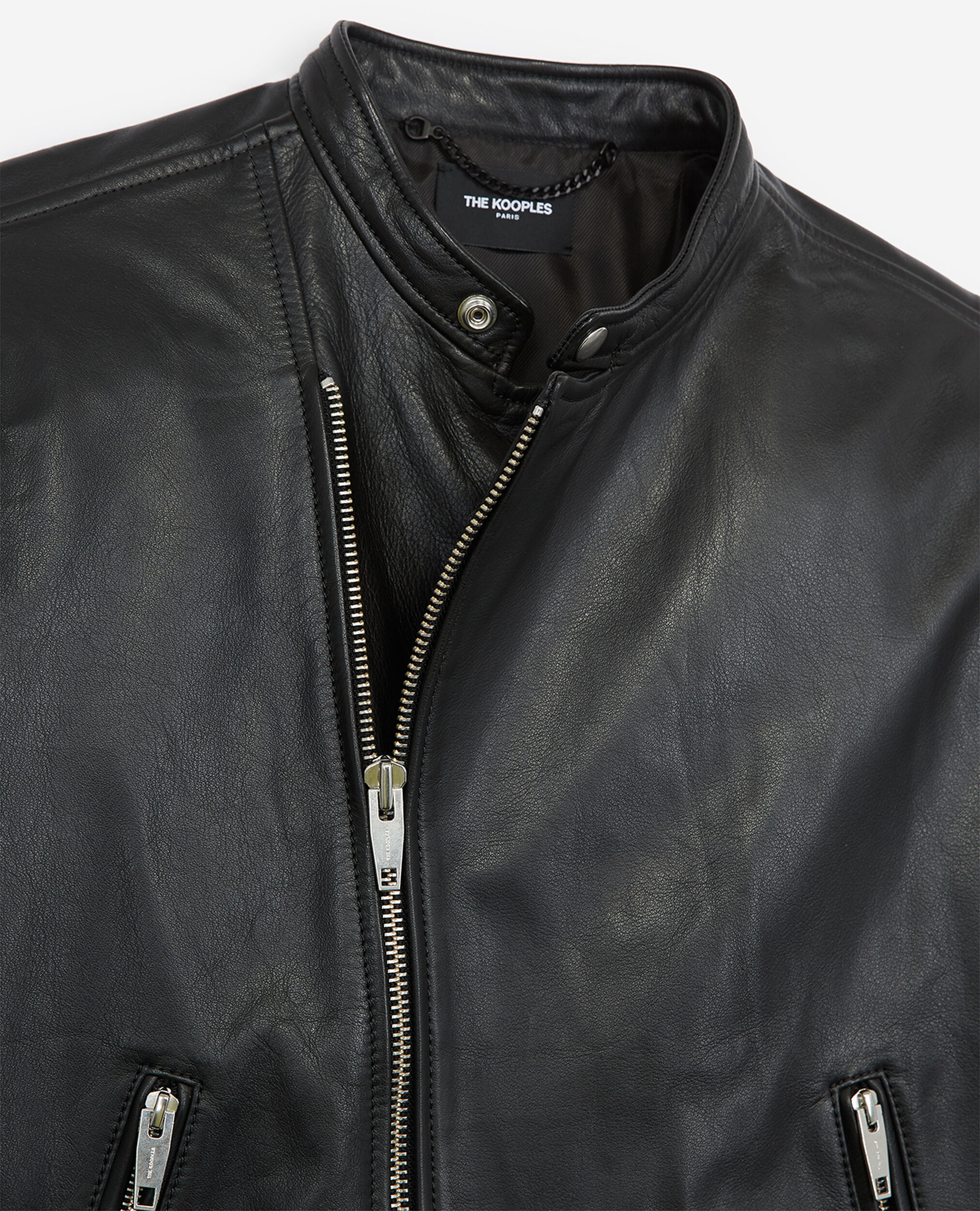 Black leather biker jacket with biker collar, BLACK, hi-res image number null