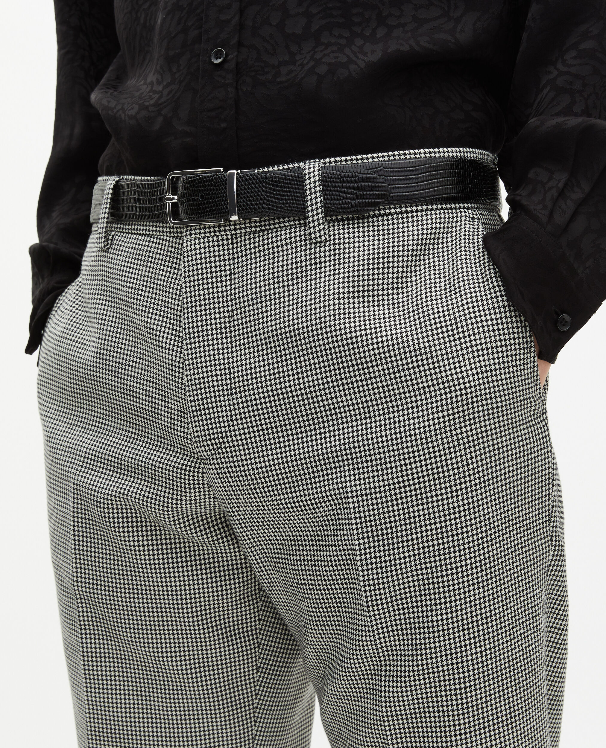 Pantalon de costume ajusté en pied de poule noir et blanc, BLACK GREY, hi-res image number null