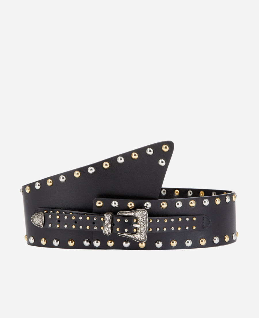 wide black leather belt with studs and western buckle