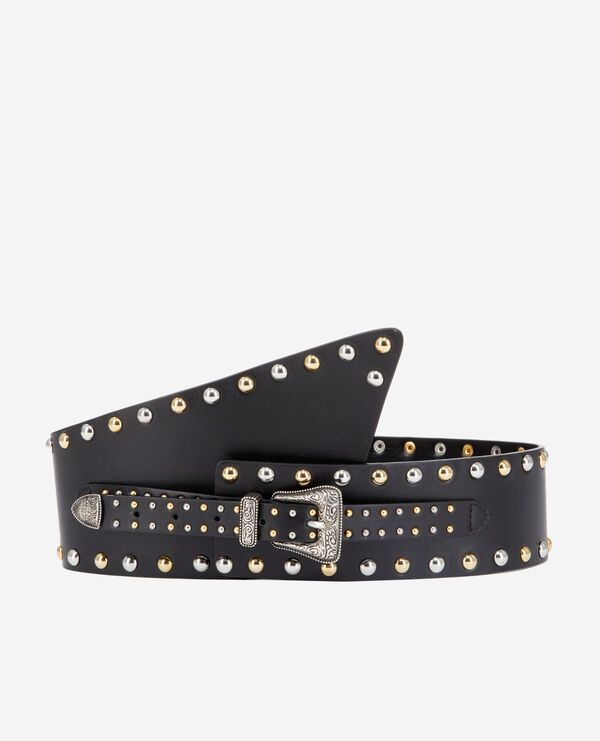 wide black leather belt with studs and western buckle