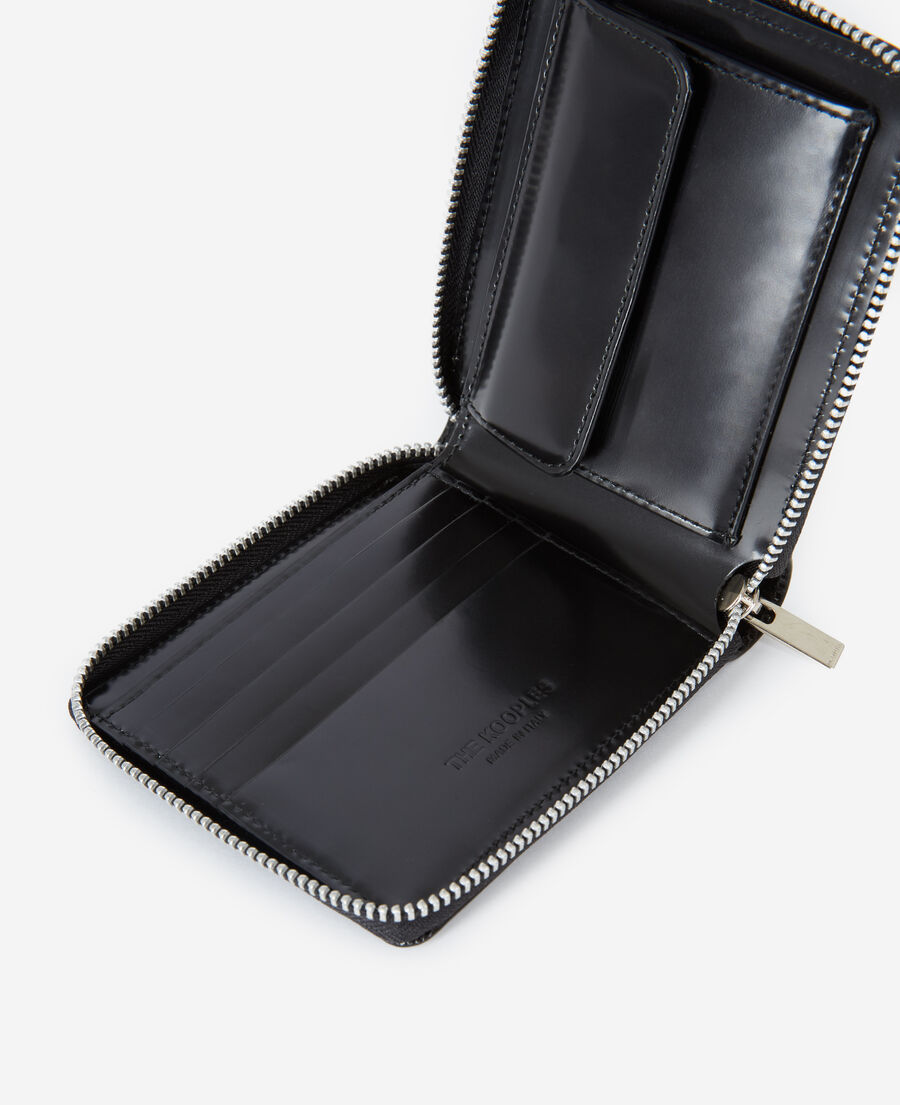 black leather wallet with silver zip