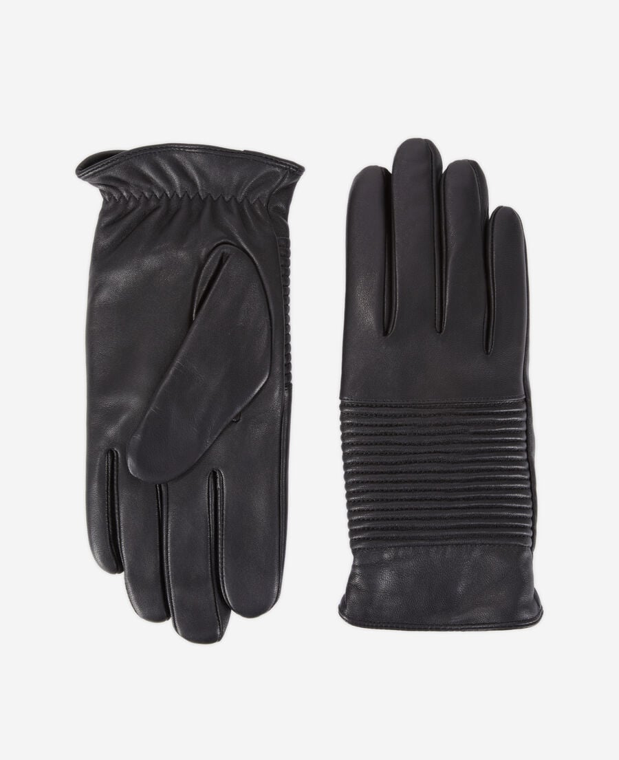 The Kooples MEN BLACK men's black leather gloves with ribbing