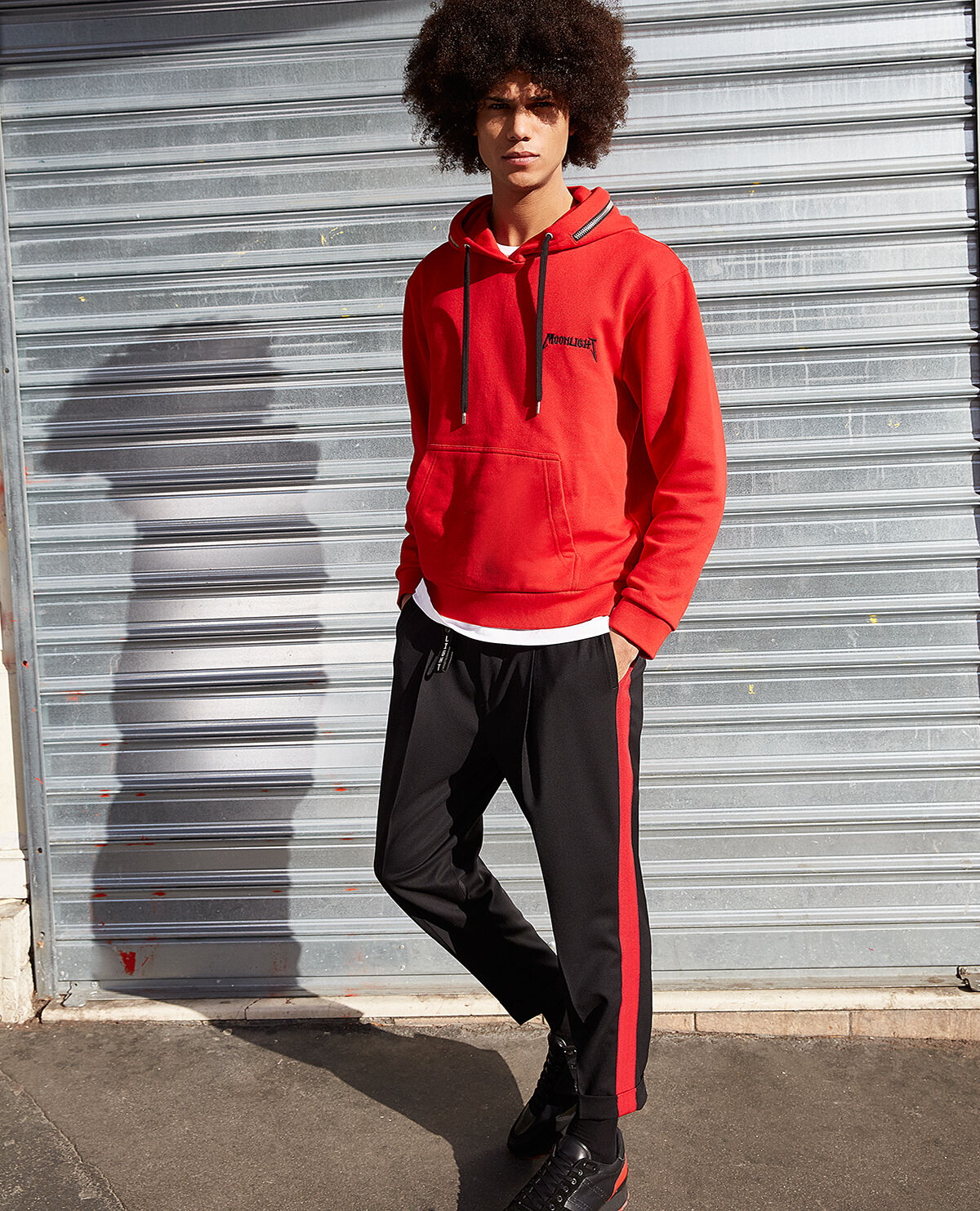 Red hoodie black pants discount