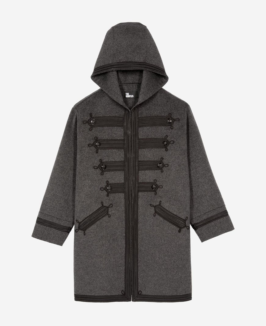 The Kooples F PETROL GREY long gray wool hooded pea coat
