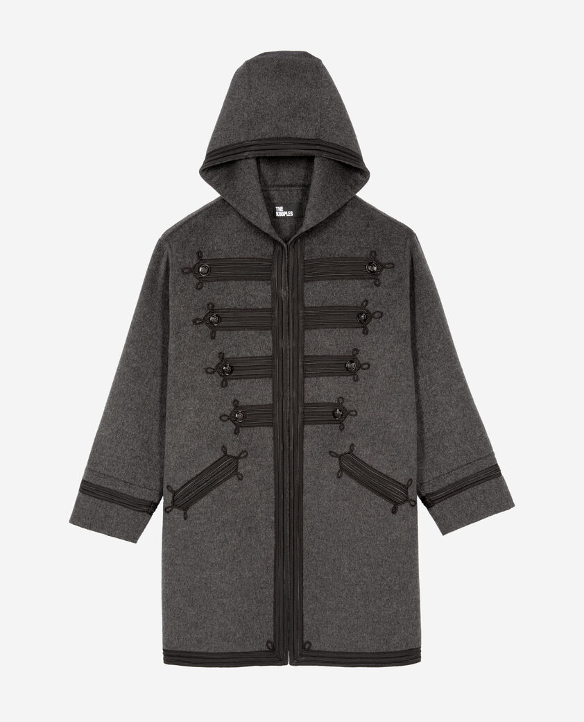 The Kooples DAMEN PETROL GREY langer grauer caban aus wolle mit kapuze