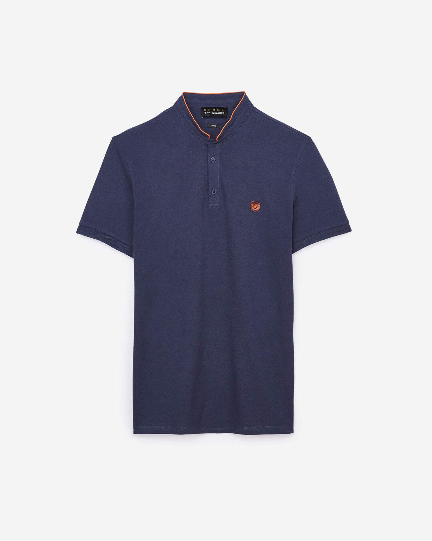 Blue cotton polo shirt with band collar and orange details, INDIGO / OLD ORANGE, hi-res image number null