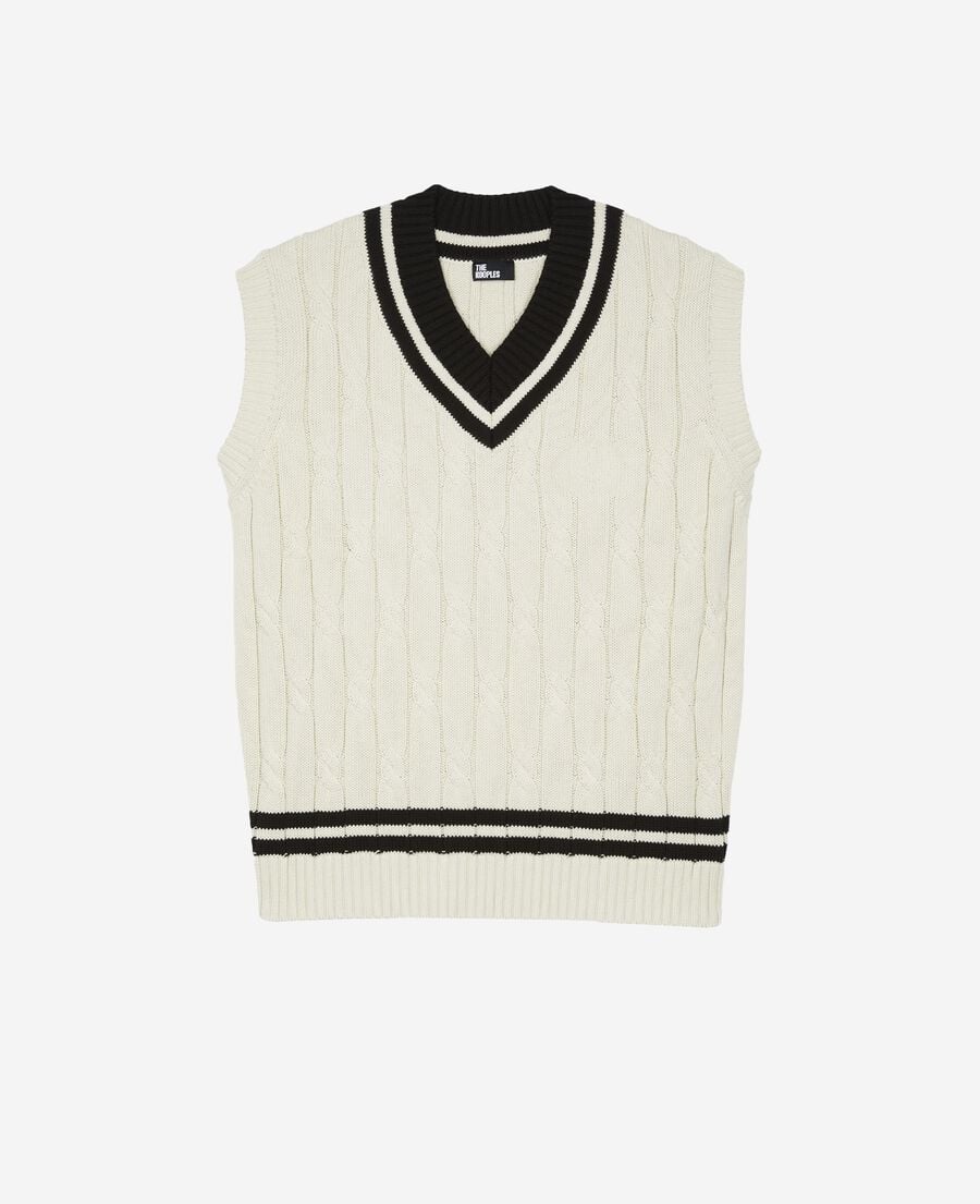 The Kooples MEN BLACK-ECRU beige cabled sleeveless sweater