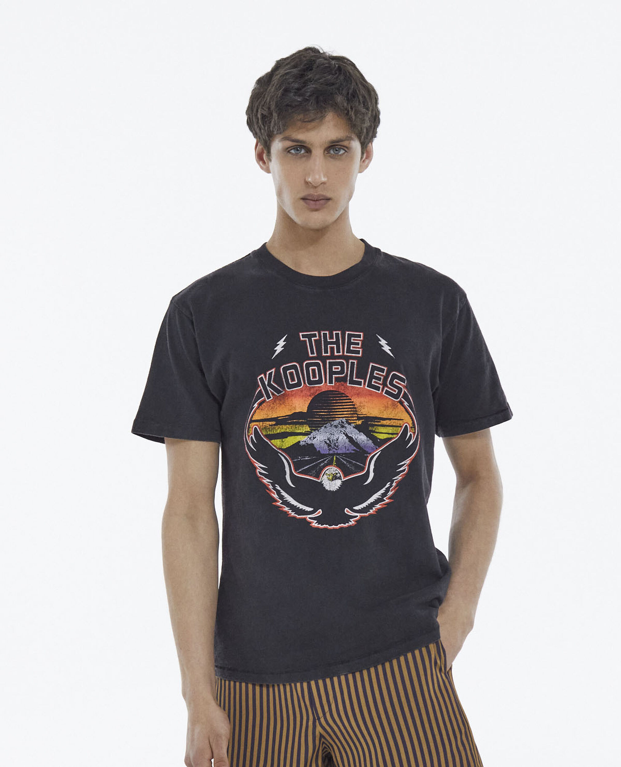 Schwarzes Baumwoll-T-Shirt mit Adler-Print, BLACK WASHED, hi-res image number null