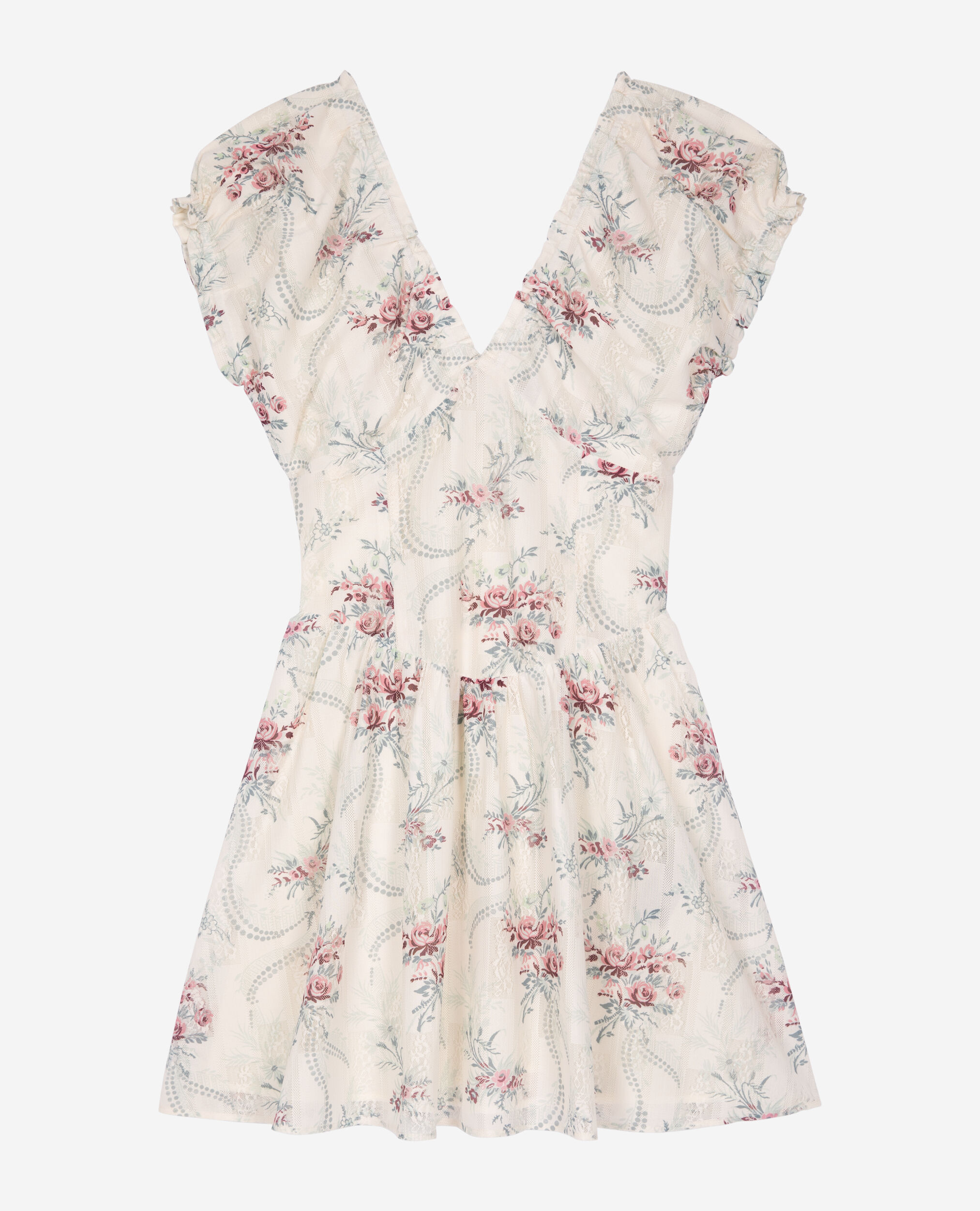 Short white floral print dress, OFF WHITE / PINK, hi-res image number null
