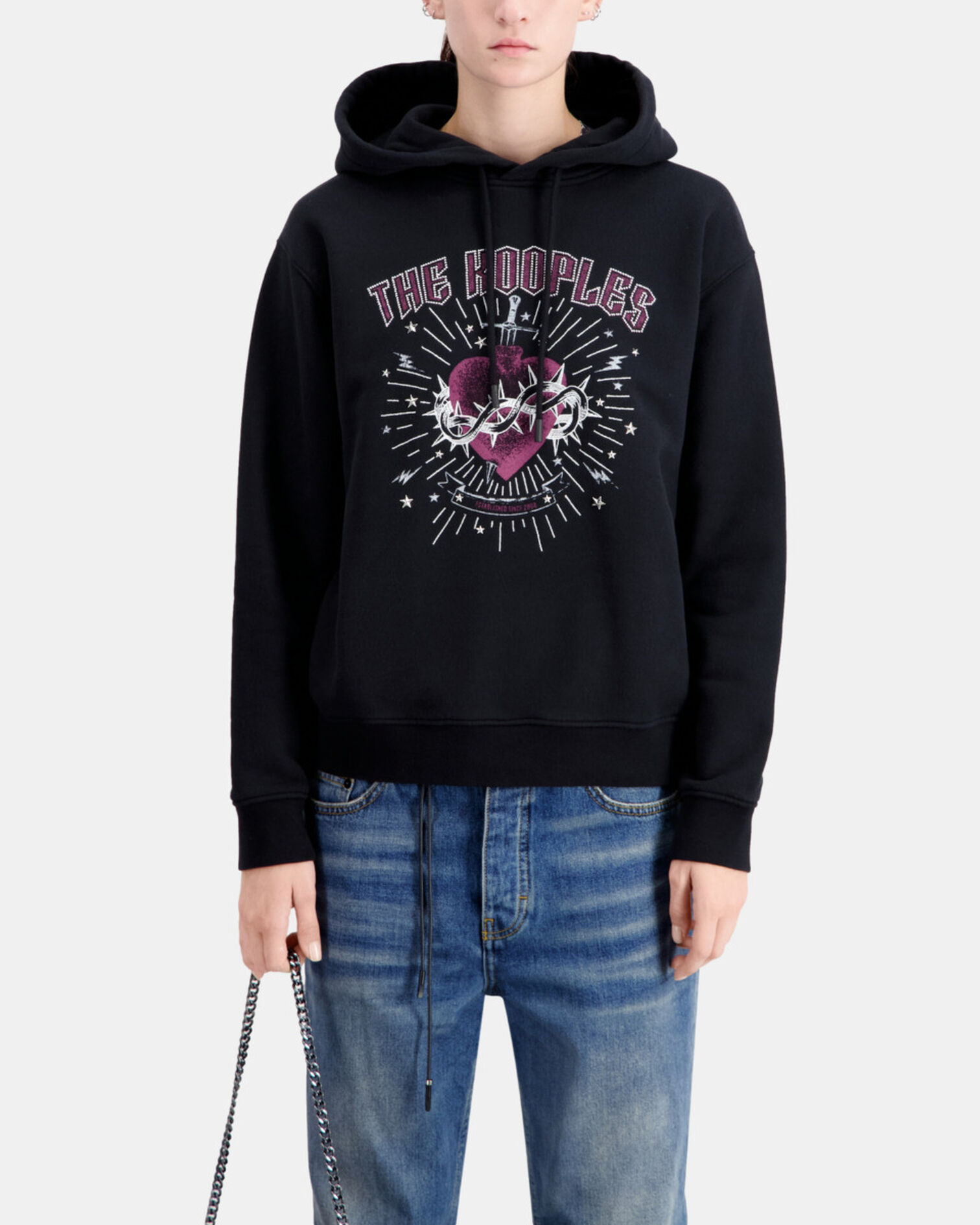 Sweatshirt Femme noir à capuche avec sérigraphie Dagger through heart, BLACK WASHED, hi-res image number null