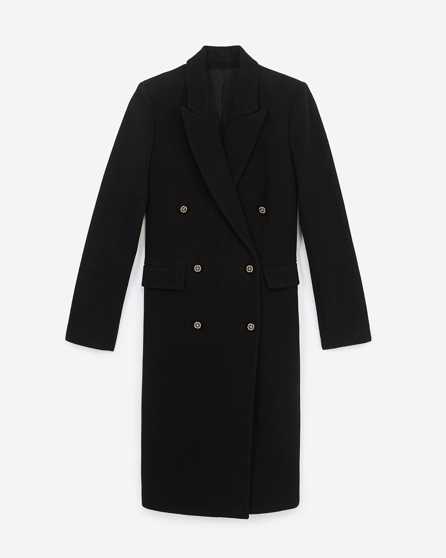 Double-breasted long black wool coat, BLACK, hi-res image number null