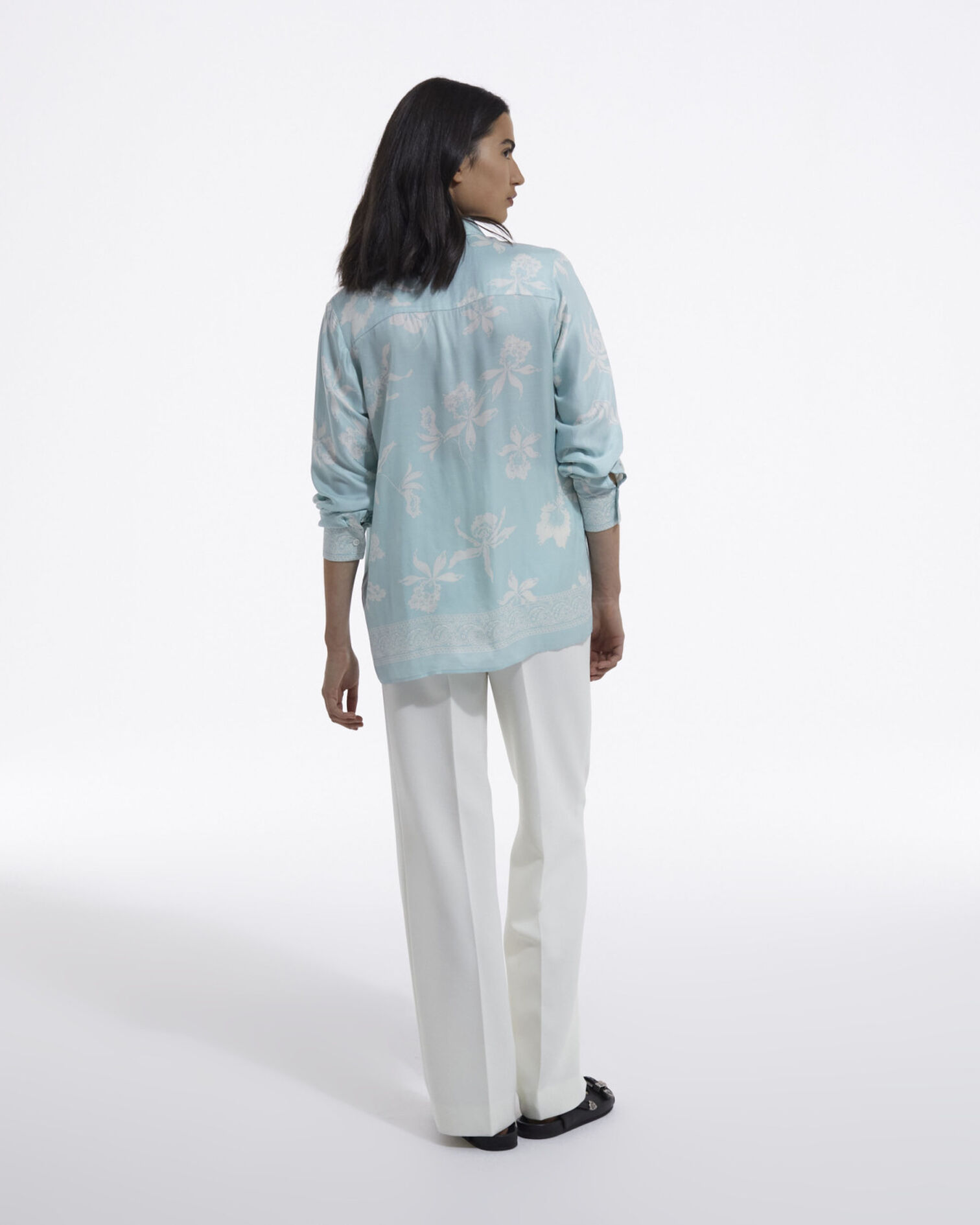 Chemise bleue et blanche satin motif fleuri, BLUE WHITE, hi-res image number null