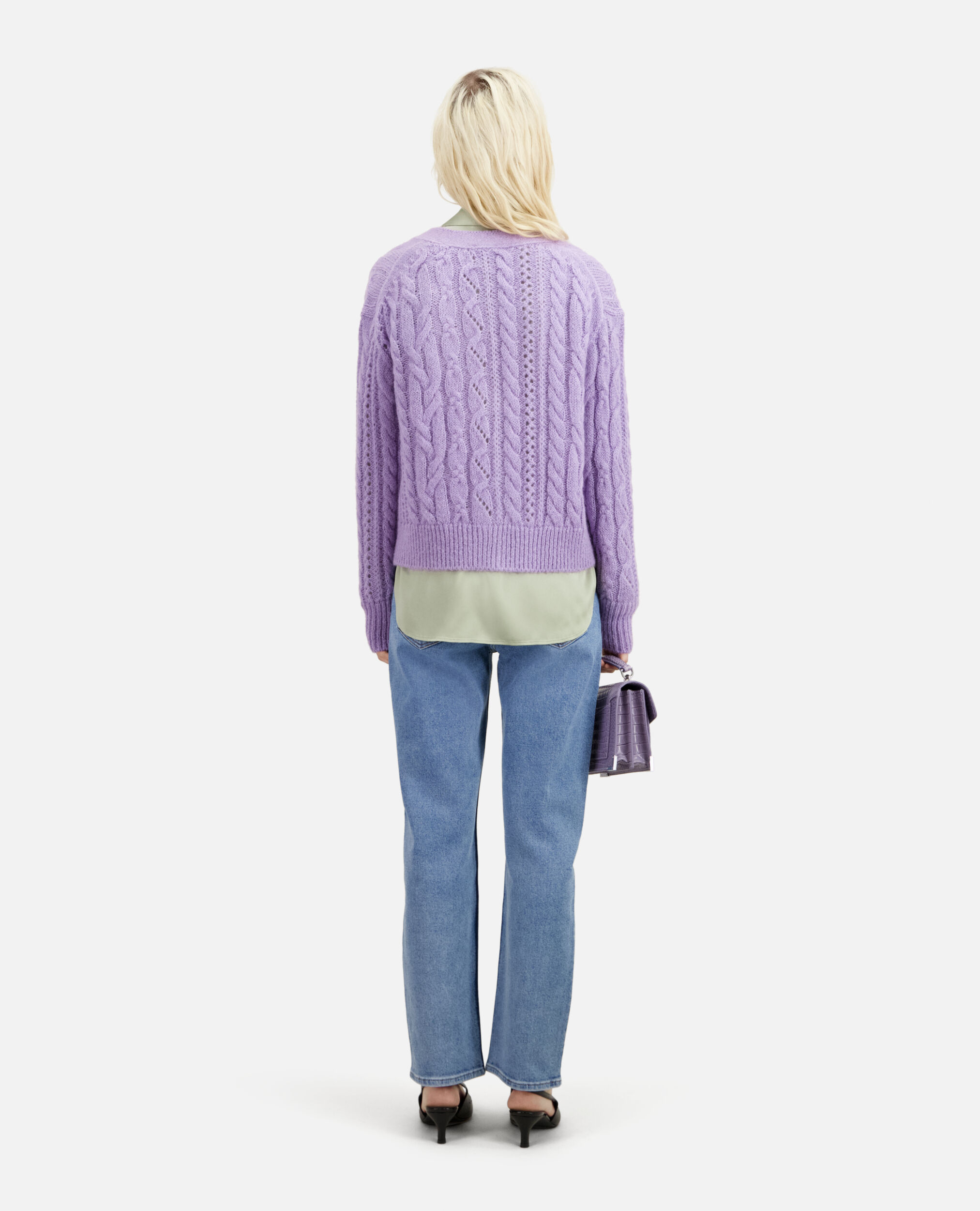 Mauve cable-knit wool-blend cardigan, VIOLET, hi-res image number null