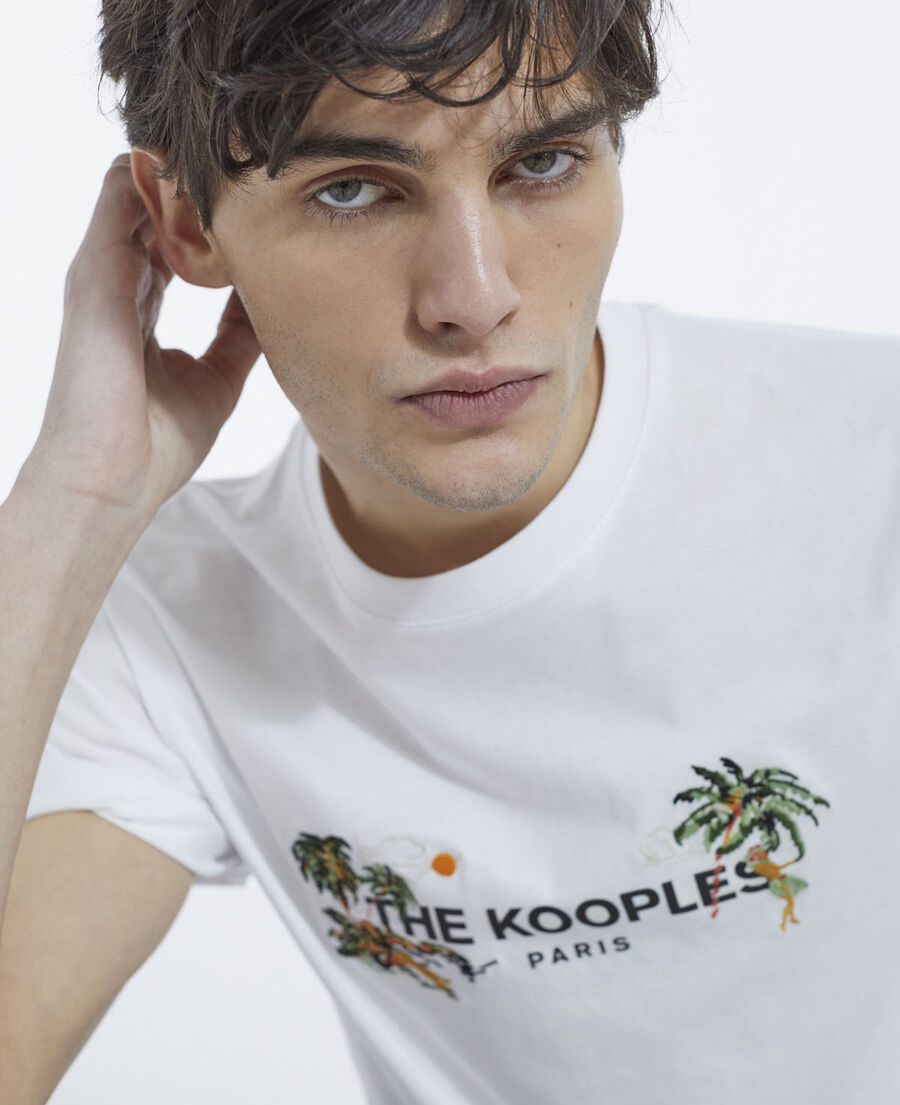 White crew neck T-shirt with Hawaiian motif | The Kooples