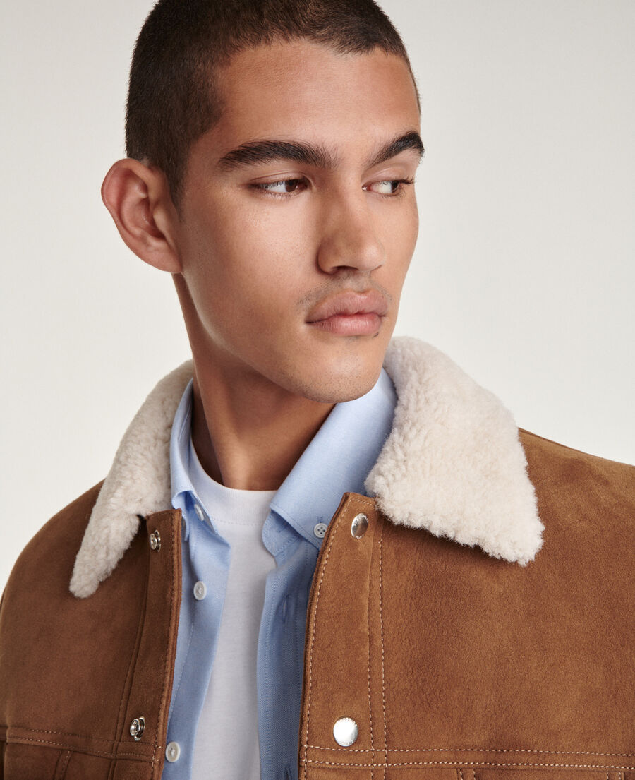 beige suede jacket with sheepskin collar