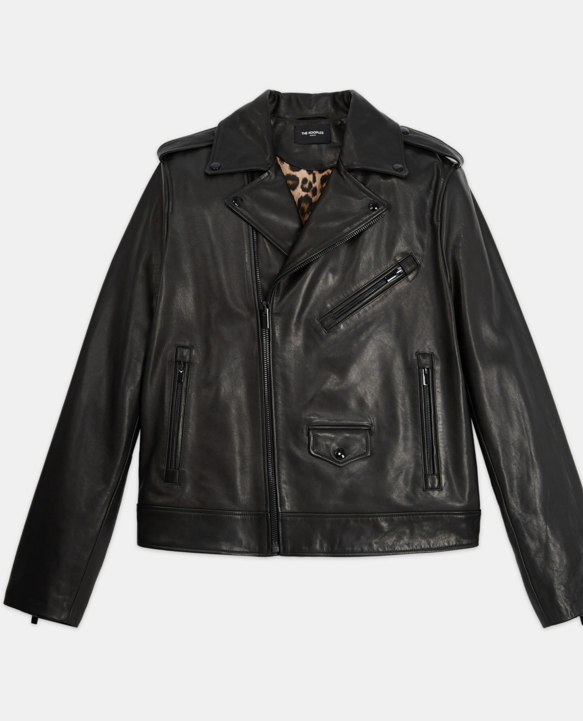Leather jacket with leopard print lining, BLACK, hi-res image number null