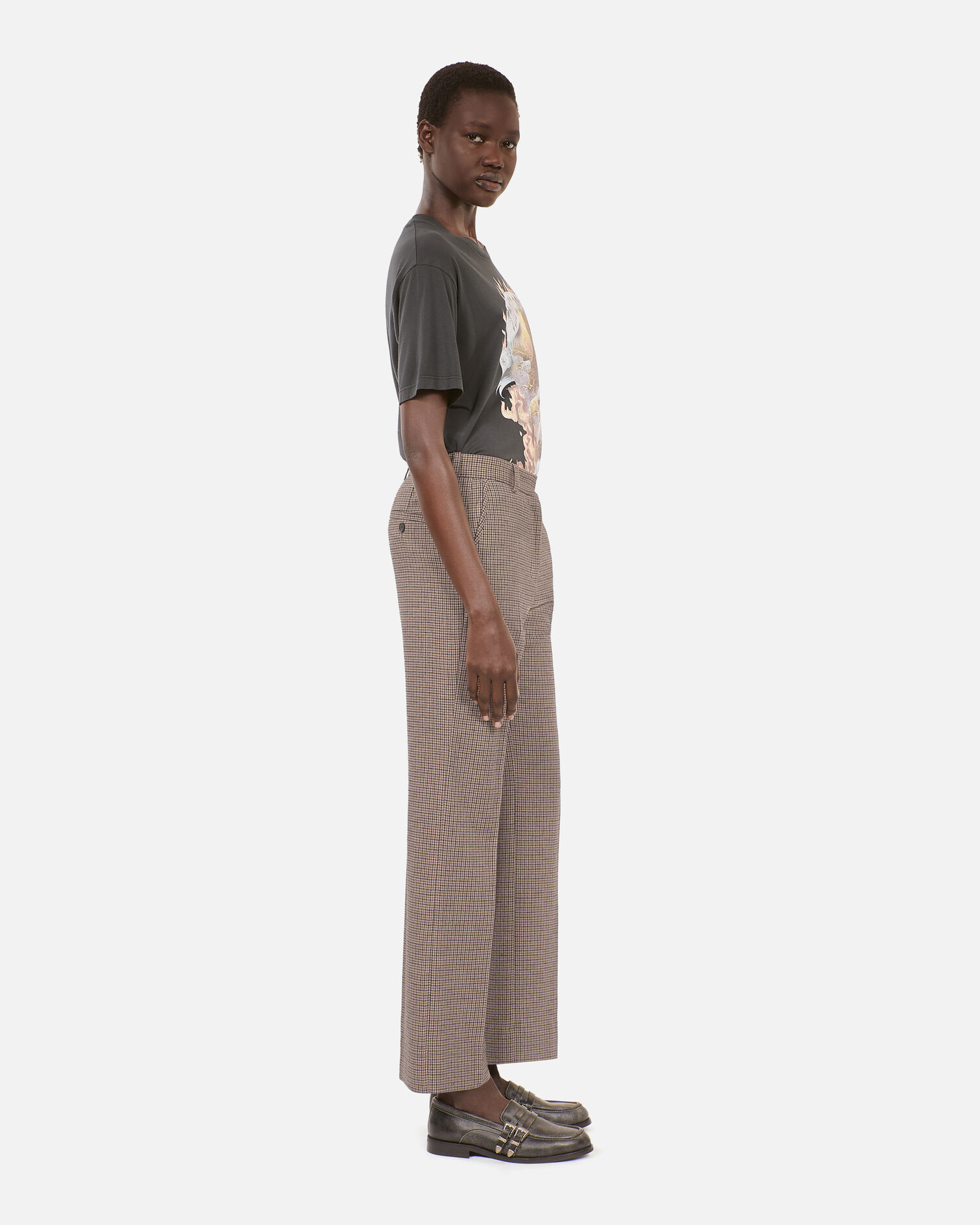 Beige houndstooth straight-leg trousers, BEIGE-BROWN, hi-res image number null