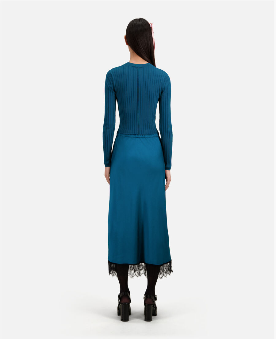 jupe bleue longue avec détails en dentelle
