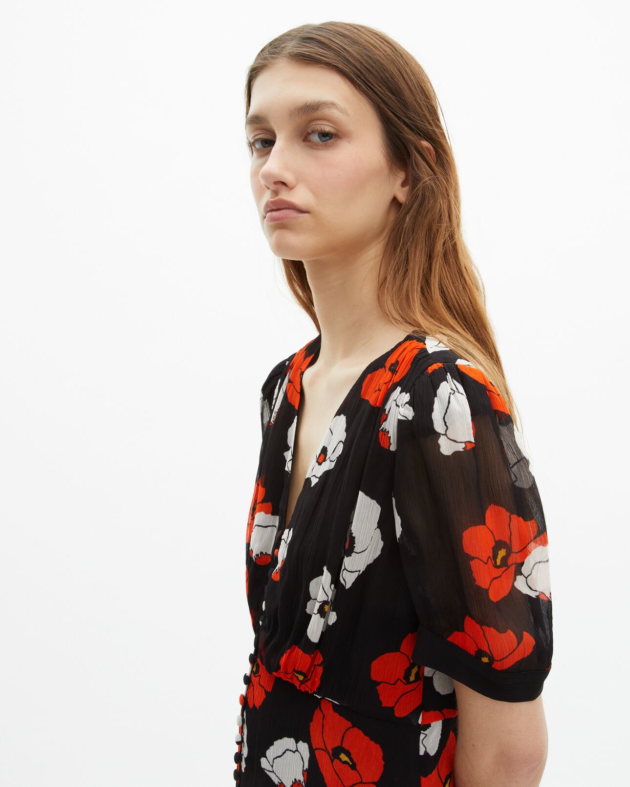 The Kooples FEMME BLACK RED OFF WHITE robe longue imprimé fleuri noire