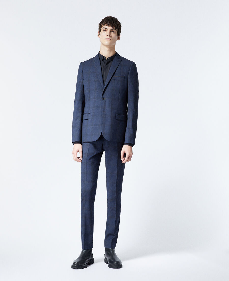 veste laine bleu marine à carreaux