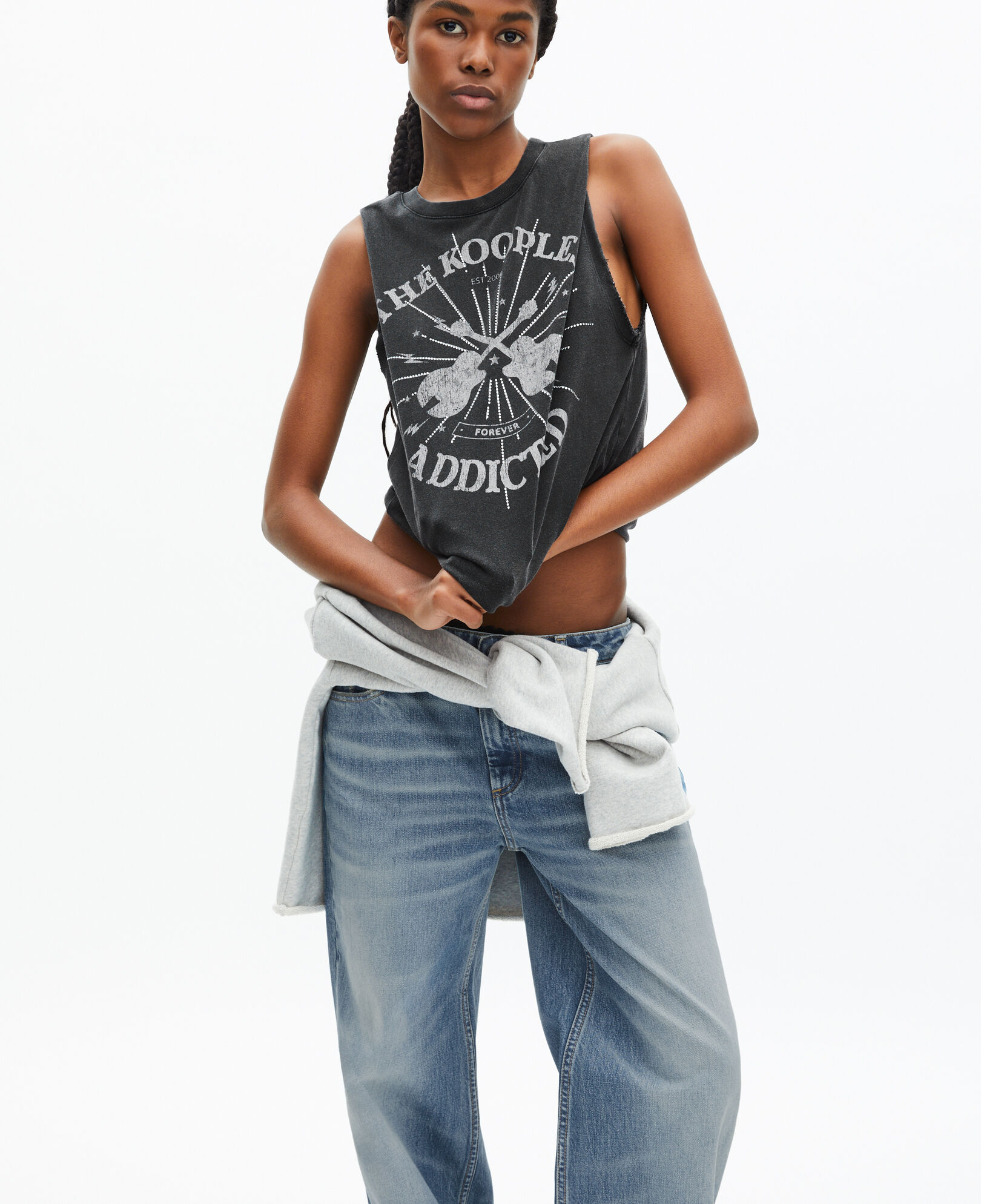 The Kooples WOMEN BLACK WASHED faded black screen print tank top with rhinestones