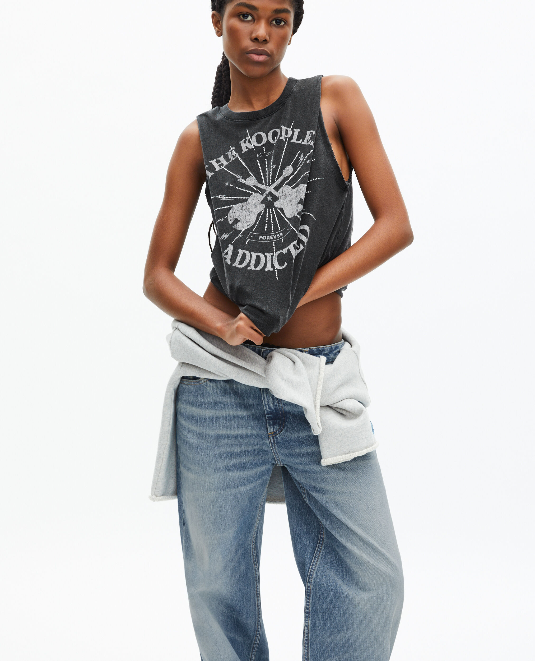 Faded black screen print tank top with rhinestones, BLACK WASHED, hi-res image number null