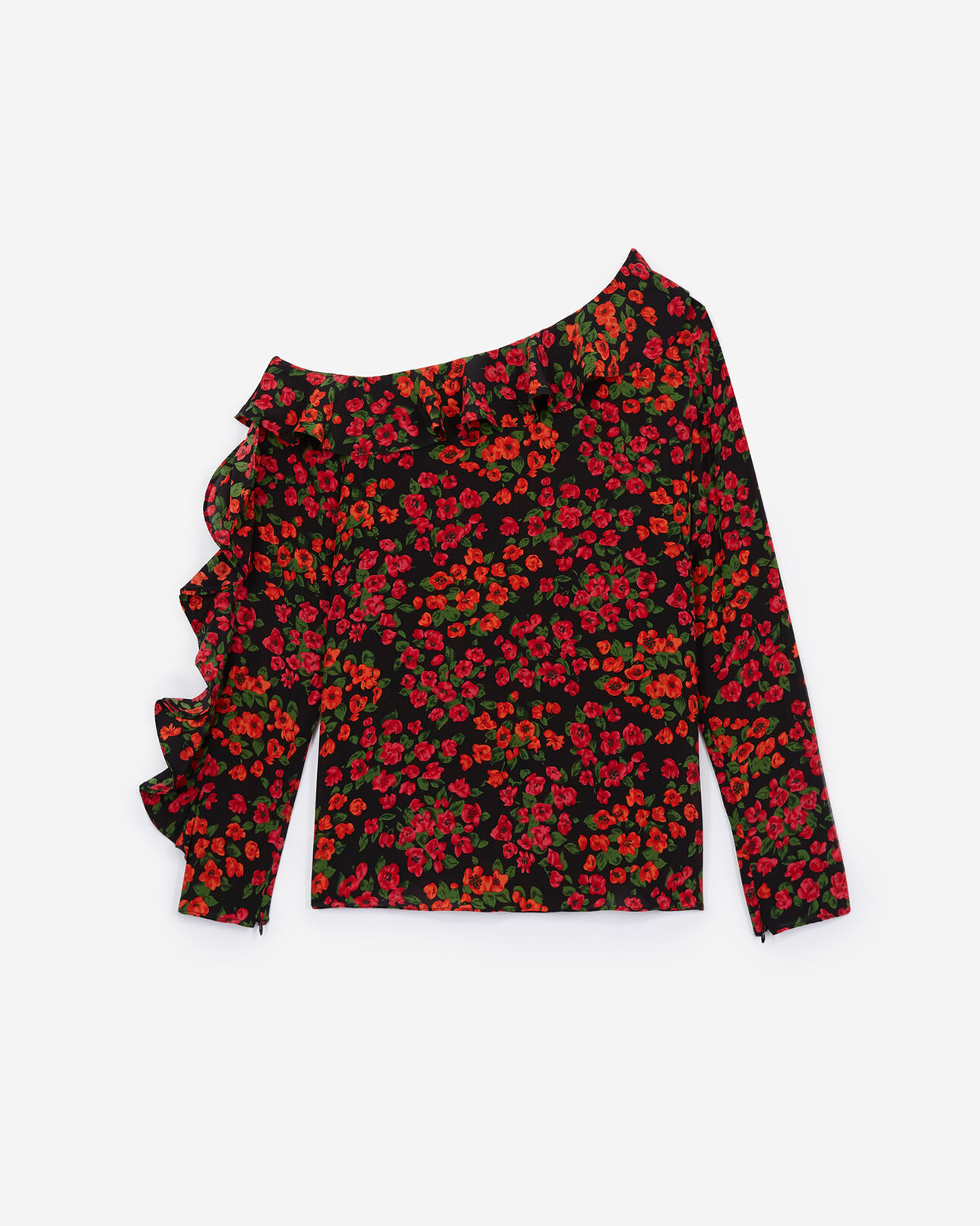 The Kooples FEMME RED / BLACK top soie asymétrique rouge imprimé camelia rose