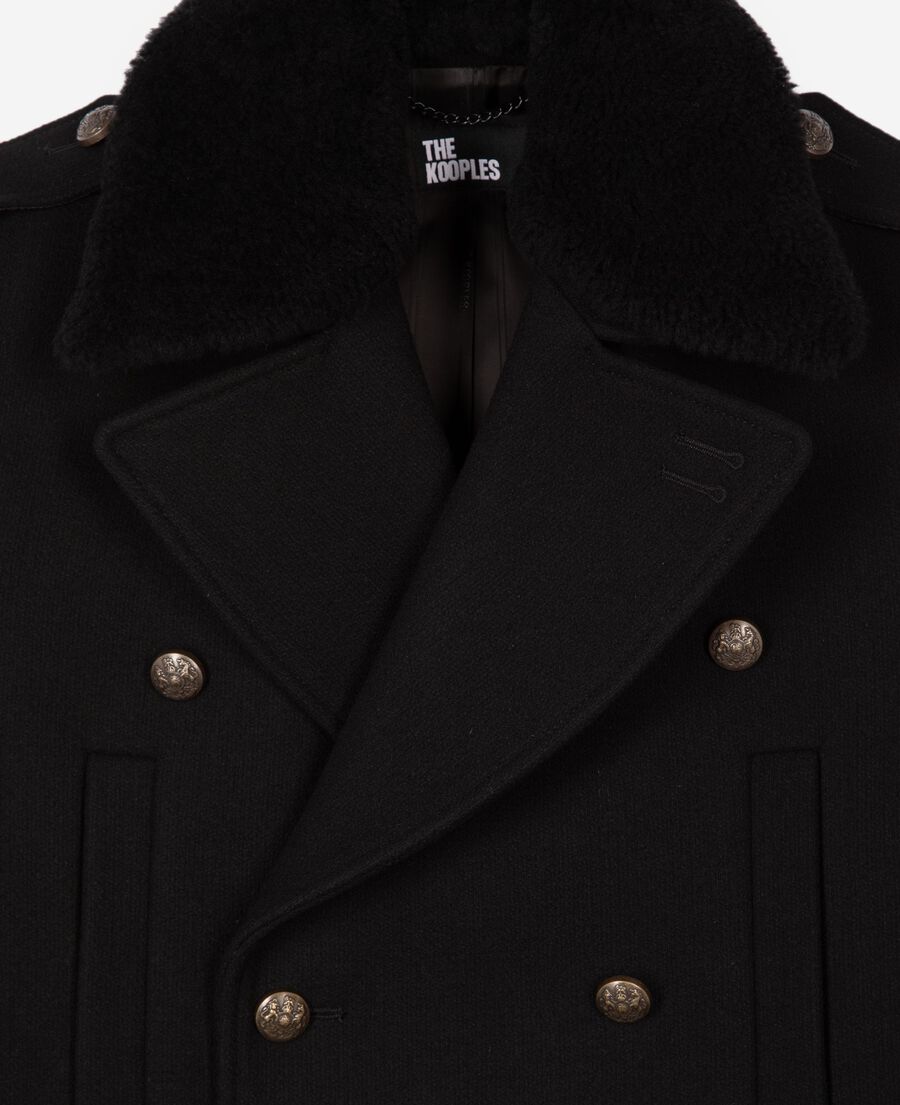 The Kooples MEN BLACK long black wool coat with sherpa collar