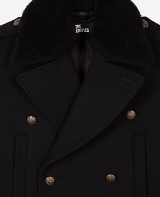 The Kooples MEN BLACK long black wool coat with sherpa collar