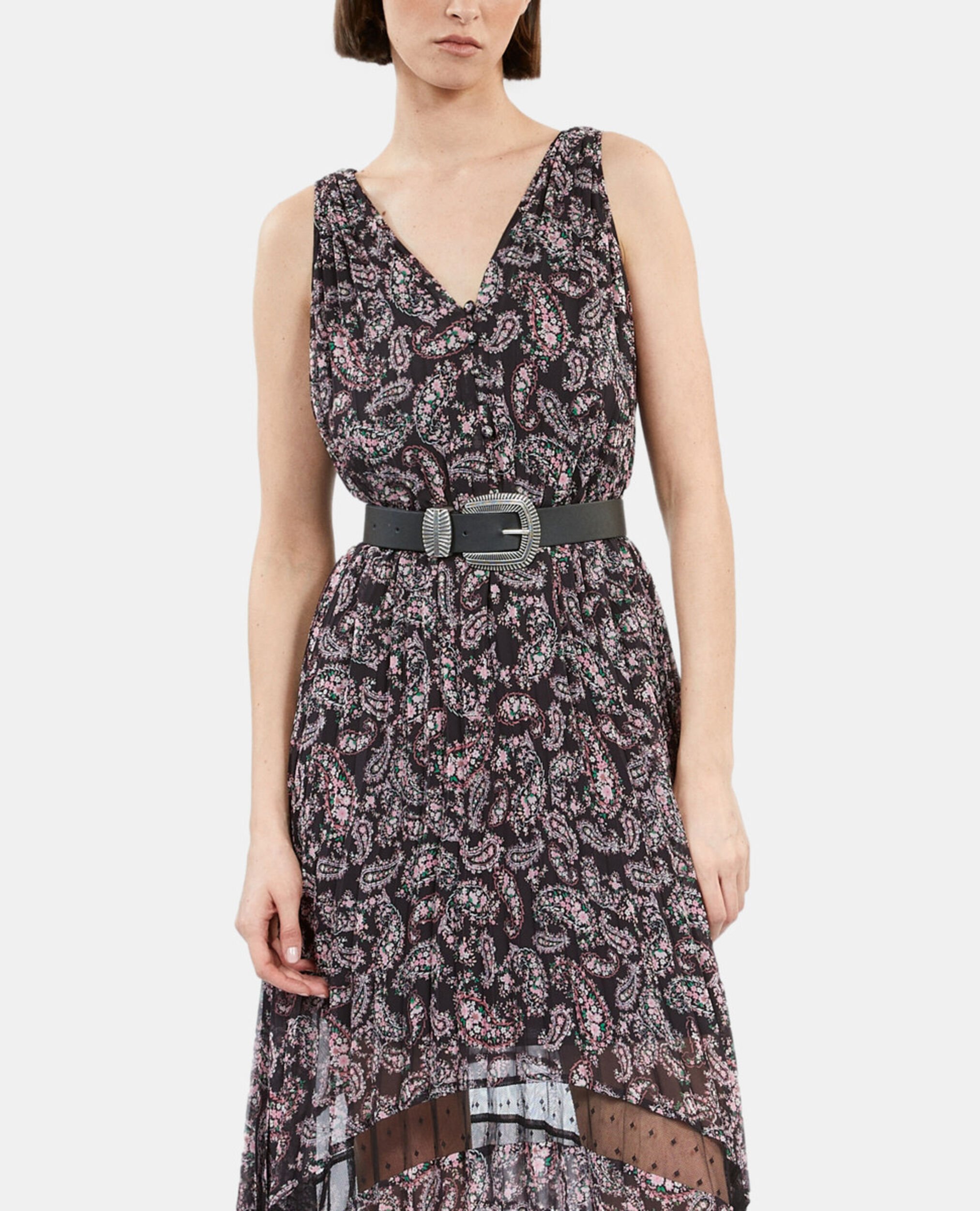 Printed pleated long dress, BLACK / PINK, hi-res image number null