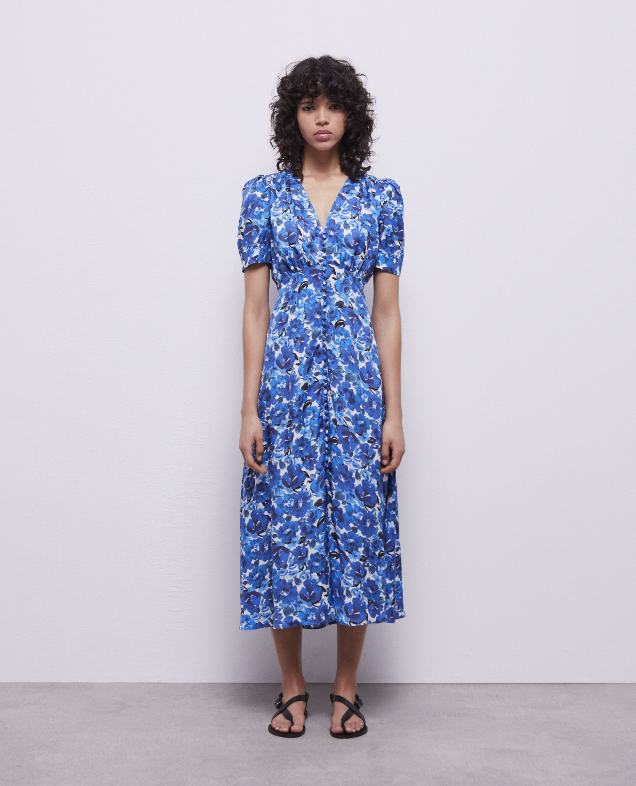 Long printed dress with buttons, BLUE WHITE, hi-res image number null