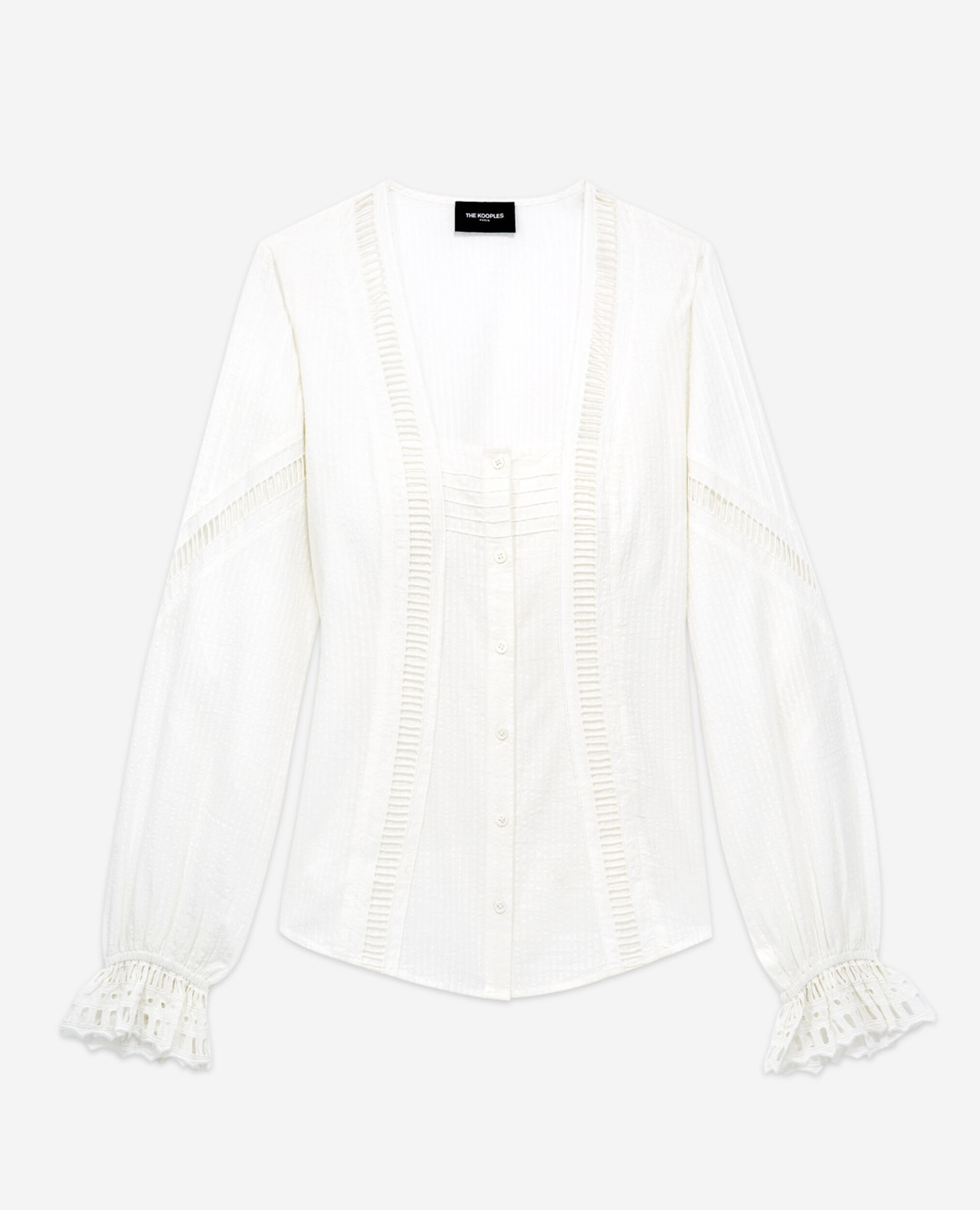 Ecru cotton embroidered long-sleeve top, OFF WHITE, hi-res image number null