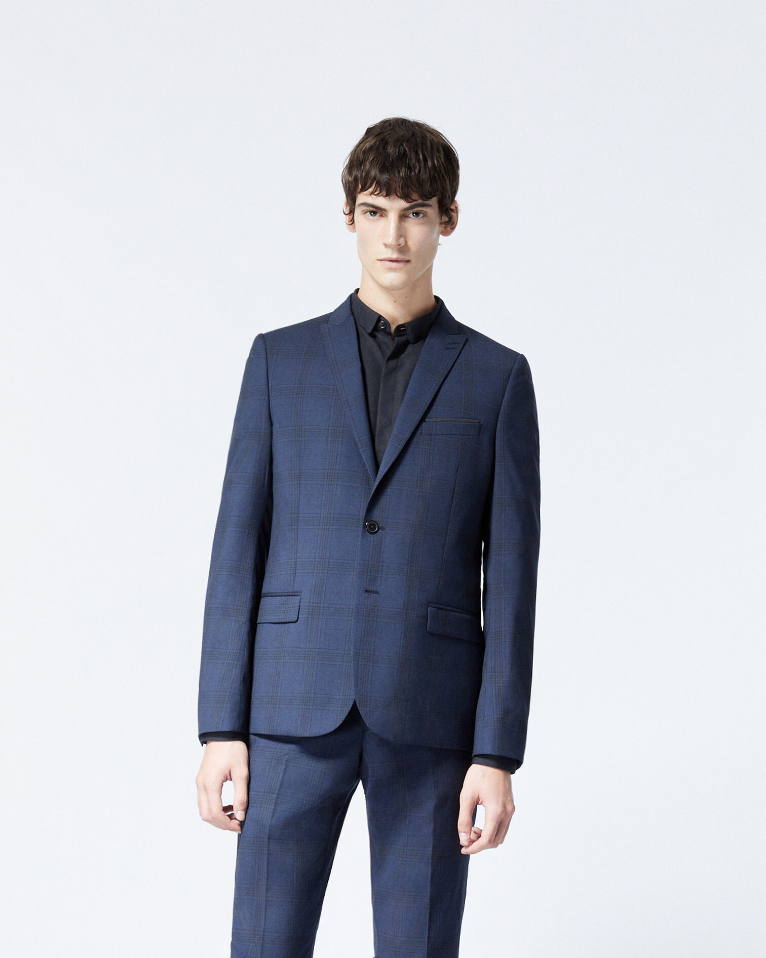 Navy blue wool jacket with check motif, NAVY, hi-res image number null