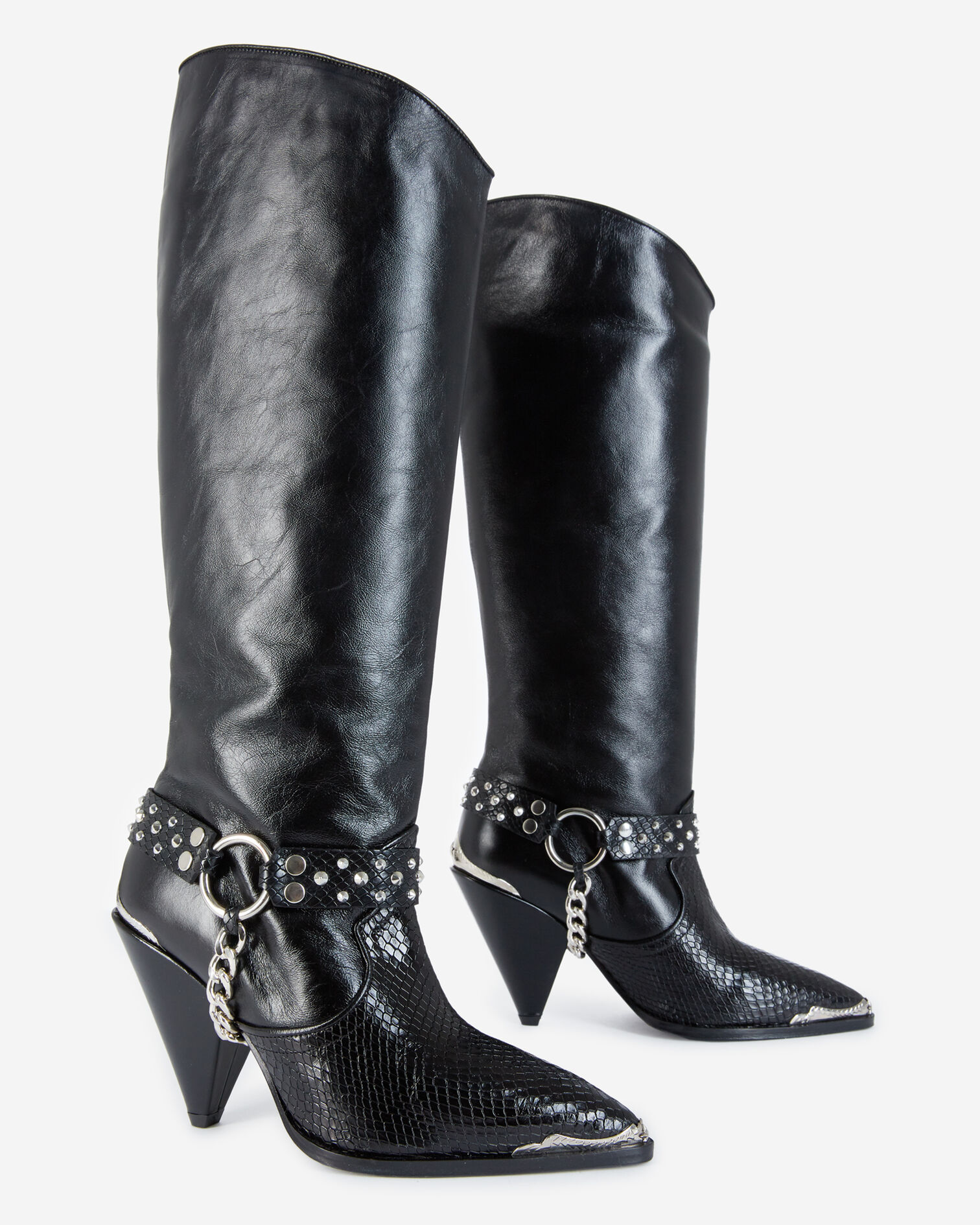 Botas negras tacón piel pedrería amovible, BLACK, hi-res image number null