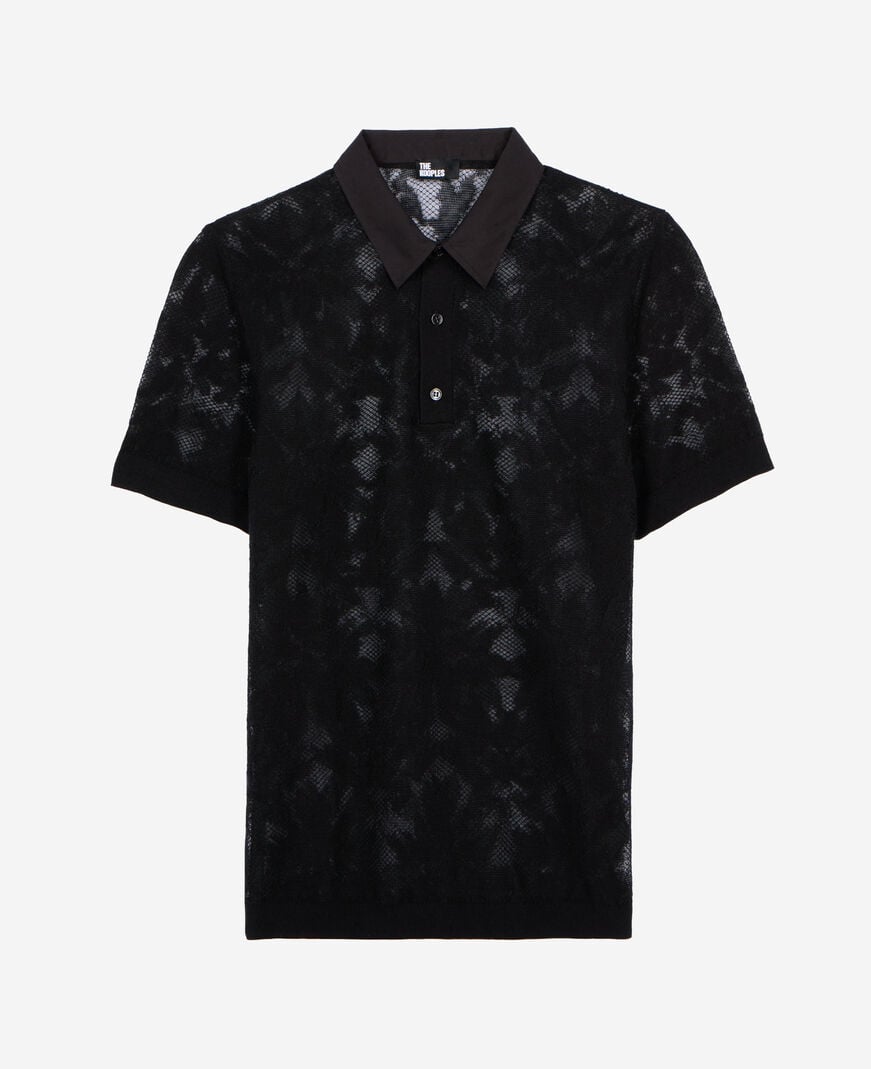 The Kooples HERREN BLACK polo-shirt aus mesh mit spitzeneffekt schwarz