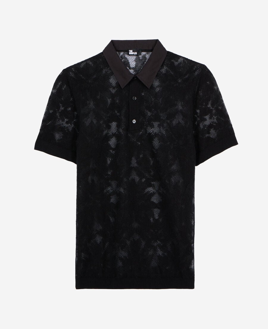The Kooples HERREN BLACK polo-shirt aus mesh mit spitzeneffekt schwarz