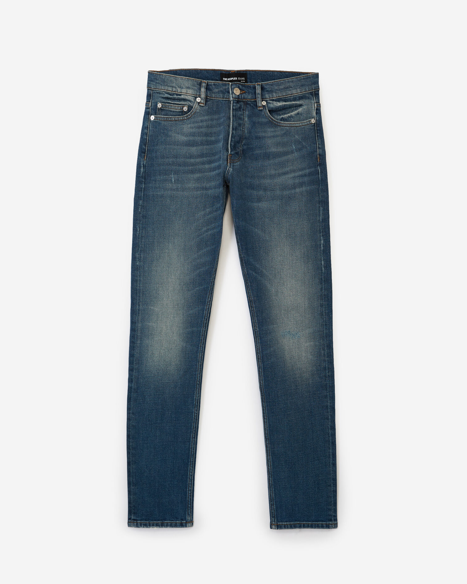 Faded ripped blue jeans with leather tag, BLUE DENIM, hi-res image number null