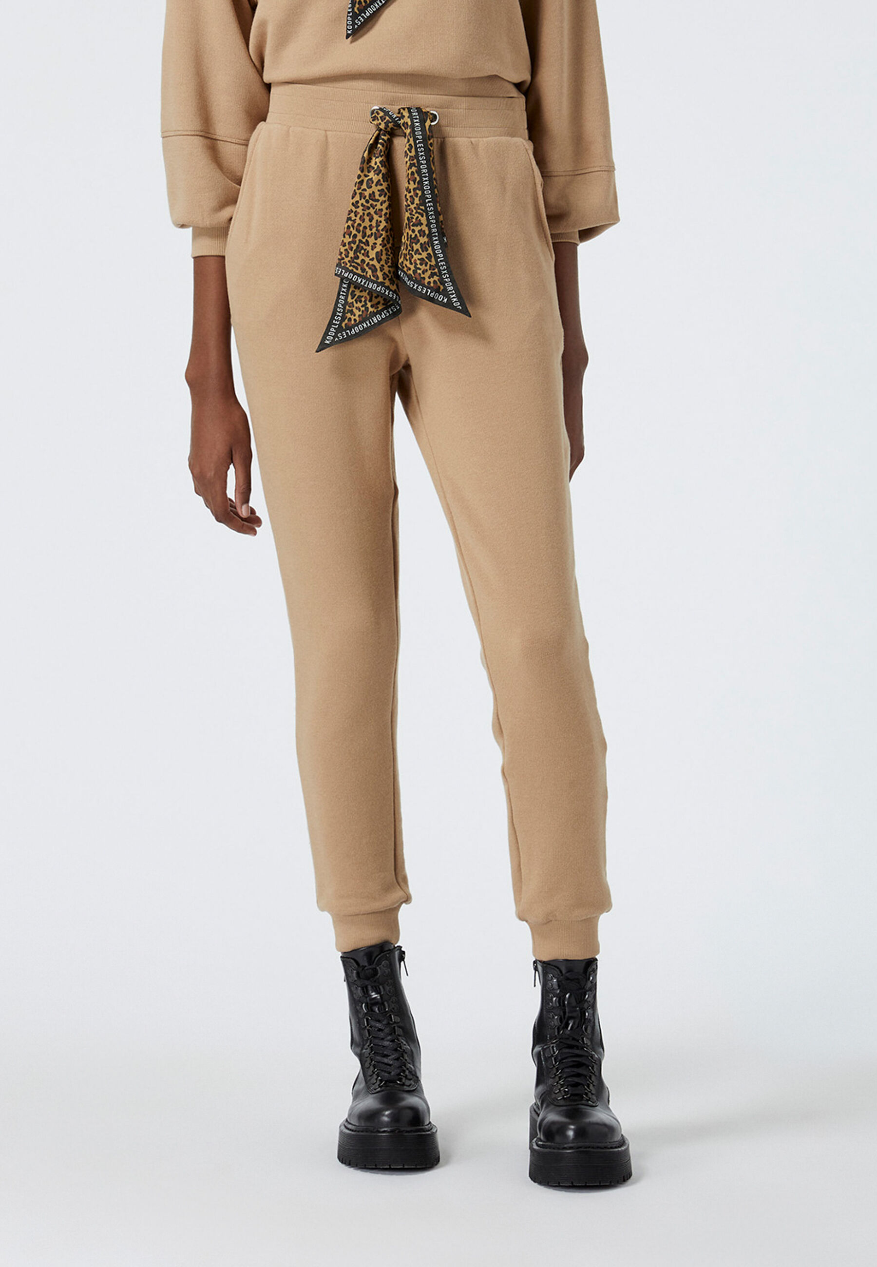 Camel jogging suit with drawstring scarf