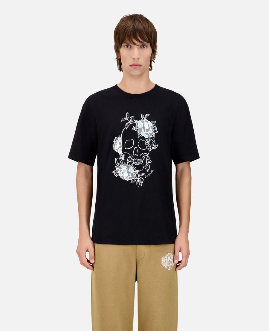 The Kooples H BLACK WASHED men's black t-shirt with flower skull serigraphy