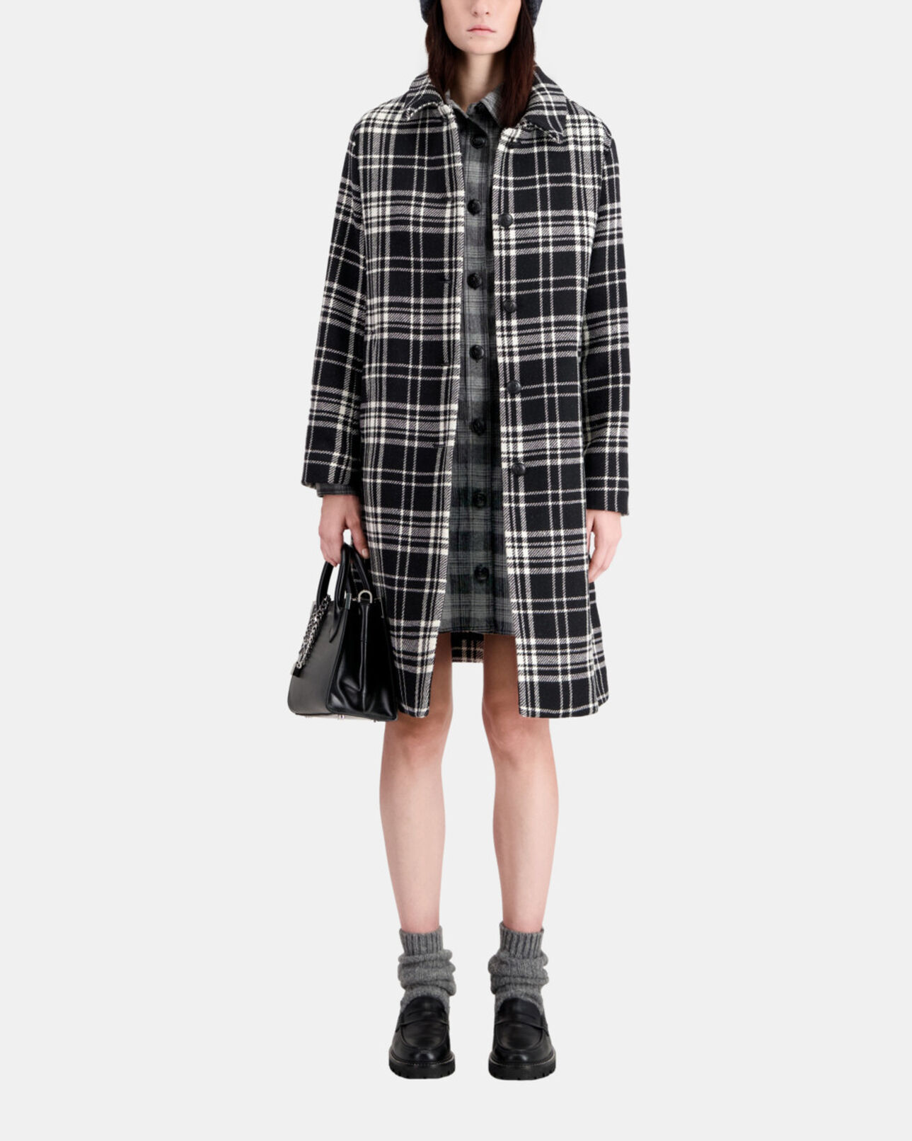The Kooples FEMME BLACK WHITE manteau long à carreaux en laine mélangée