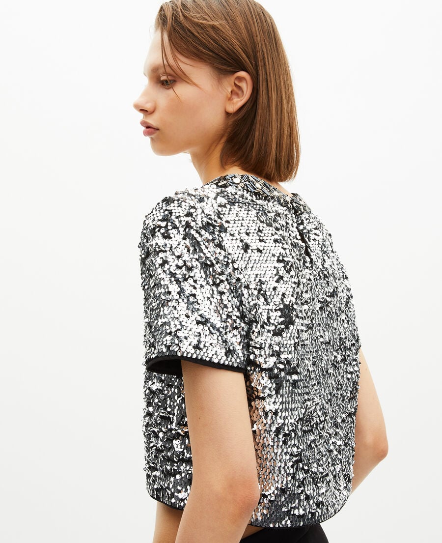 The Kooples WOMEN SILVER silver sequin crop top