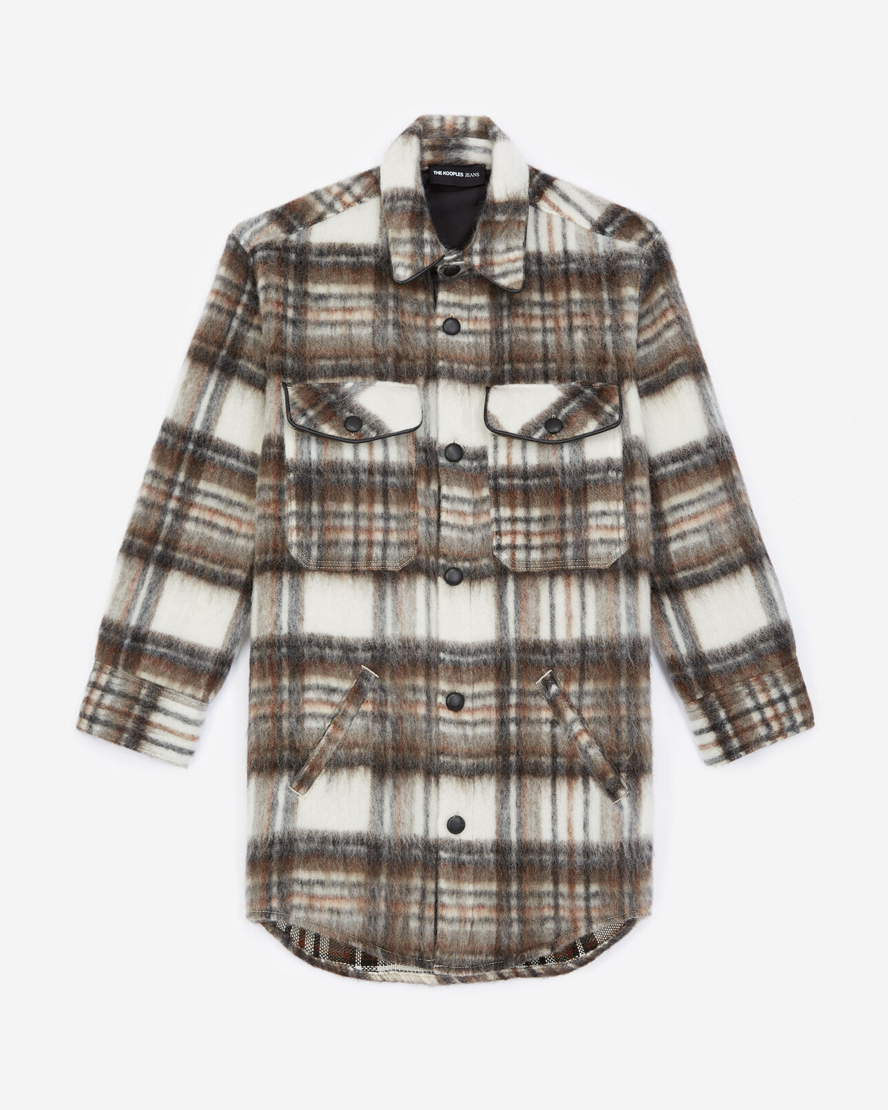 The Kooples WOMEN BROWN/WHITE oversized wool blend check shirt jacket with leather details