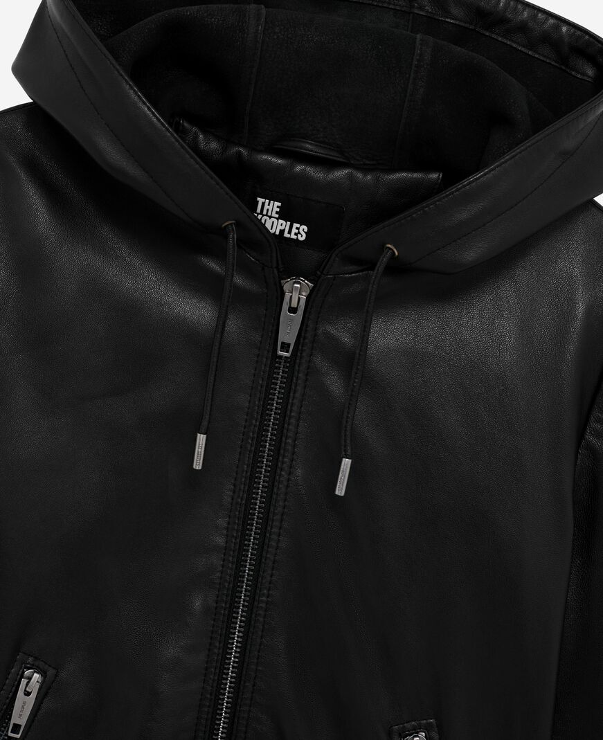 The Kooples FEMME BLACK blouson à capuche en cuir noir