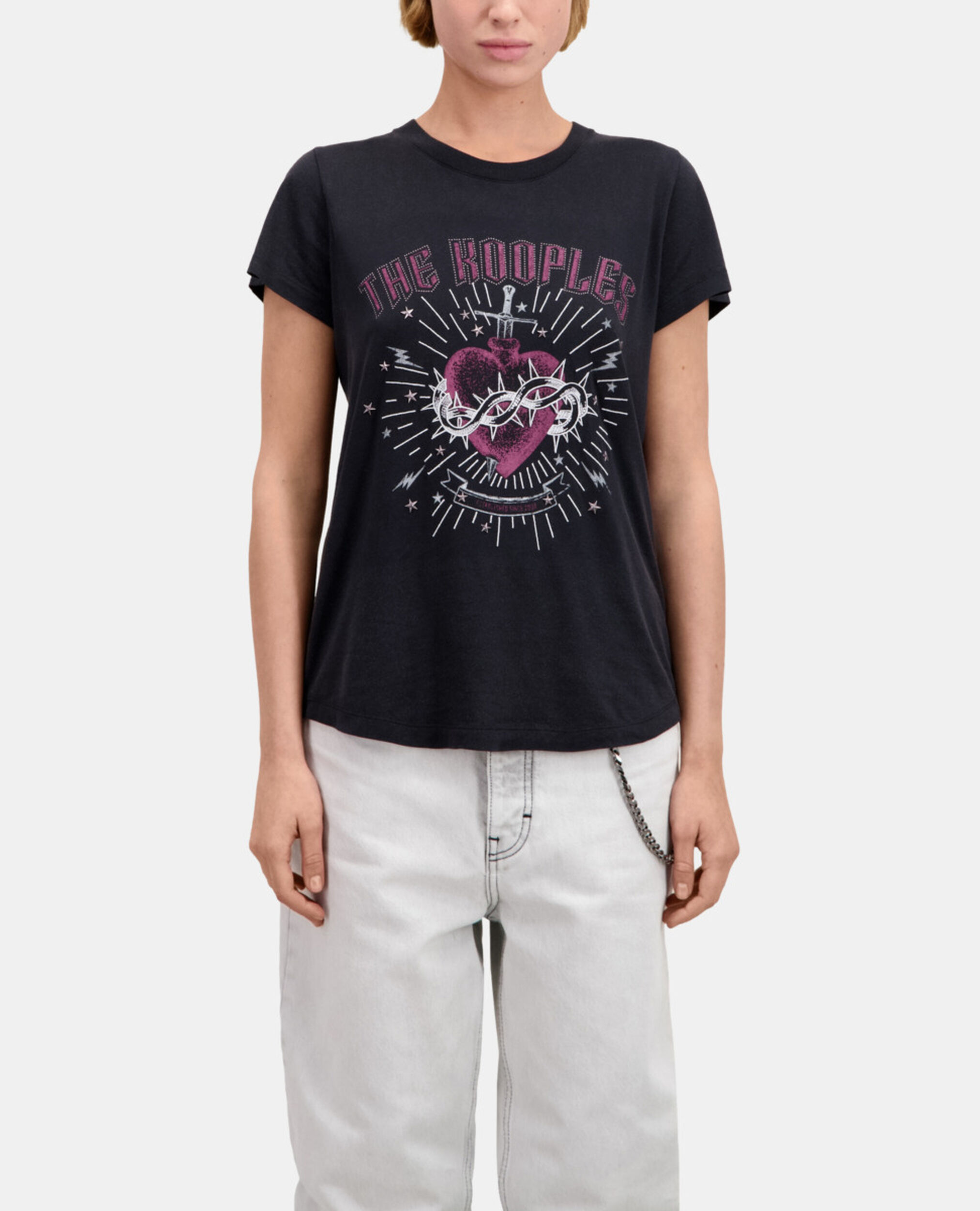 Women's black t-shirt with dagger through heart serigraphy, BLACK, hi-res image number null