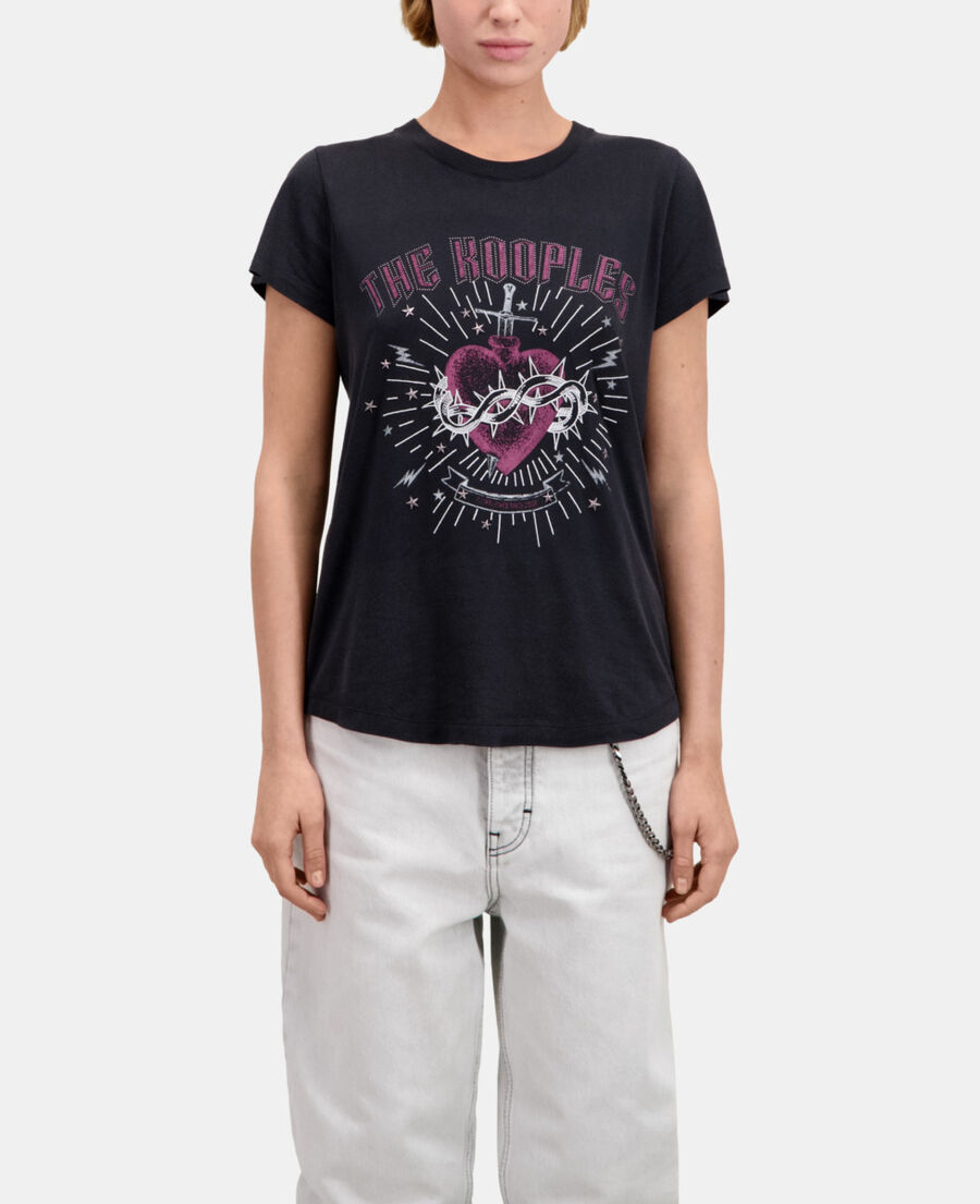 women's black t-shirt with dagger through heart serigraphy