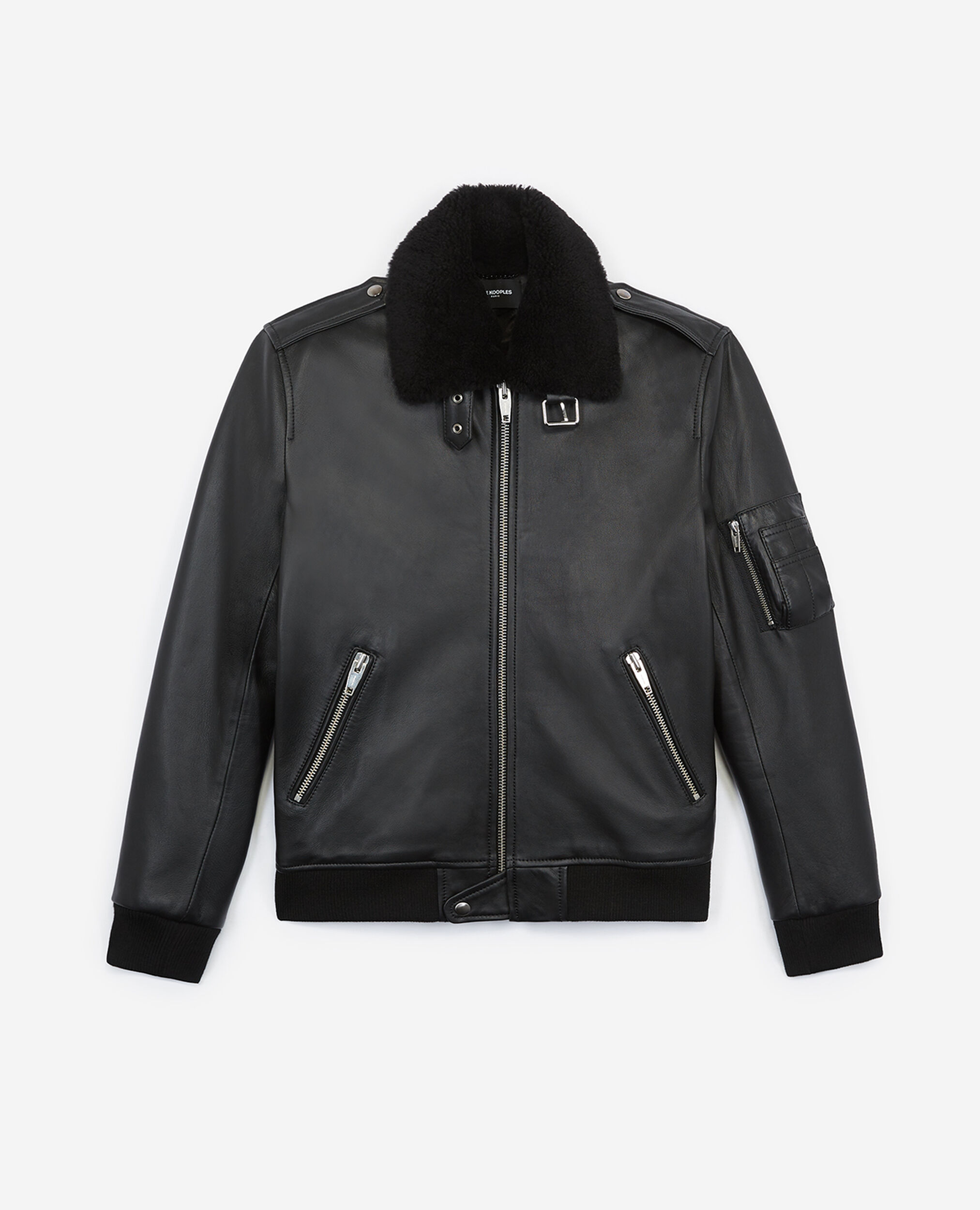 Black leather flight jacket w/shearling neck, BLACK, hi-res image number null